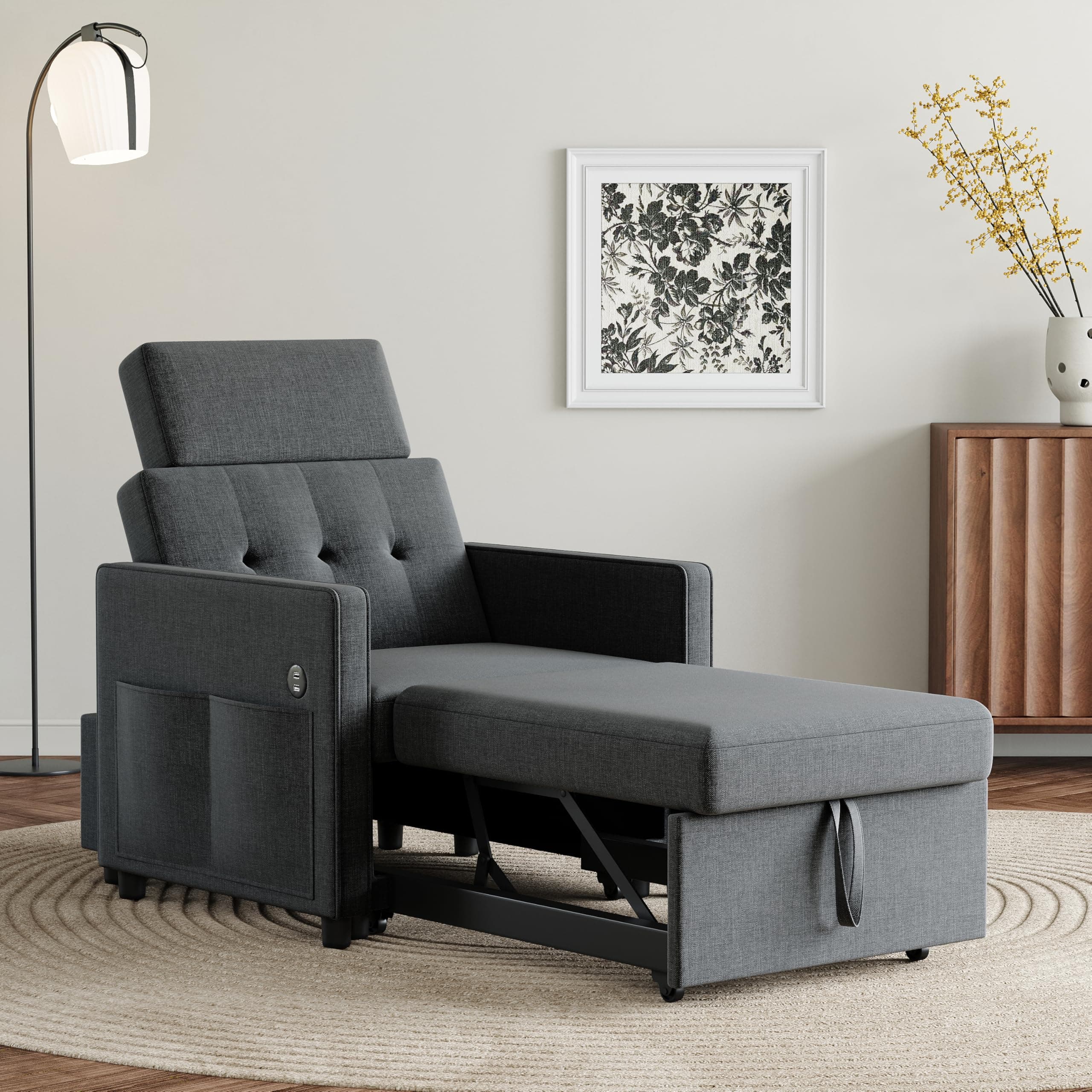 LIKIMIO 3-in-1 Sleeper Sofa Chair Bed, Dark Greyadjustable backrest_linenfabric