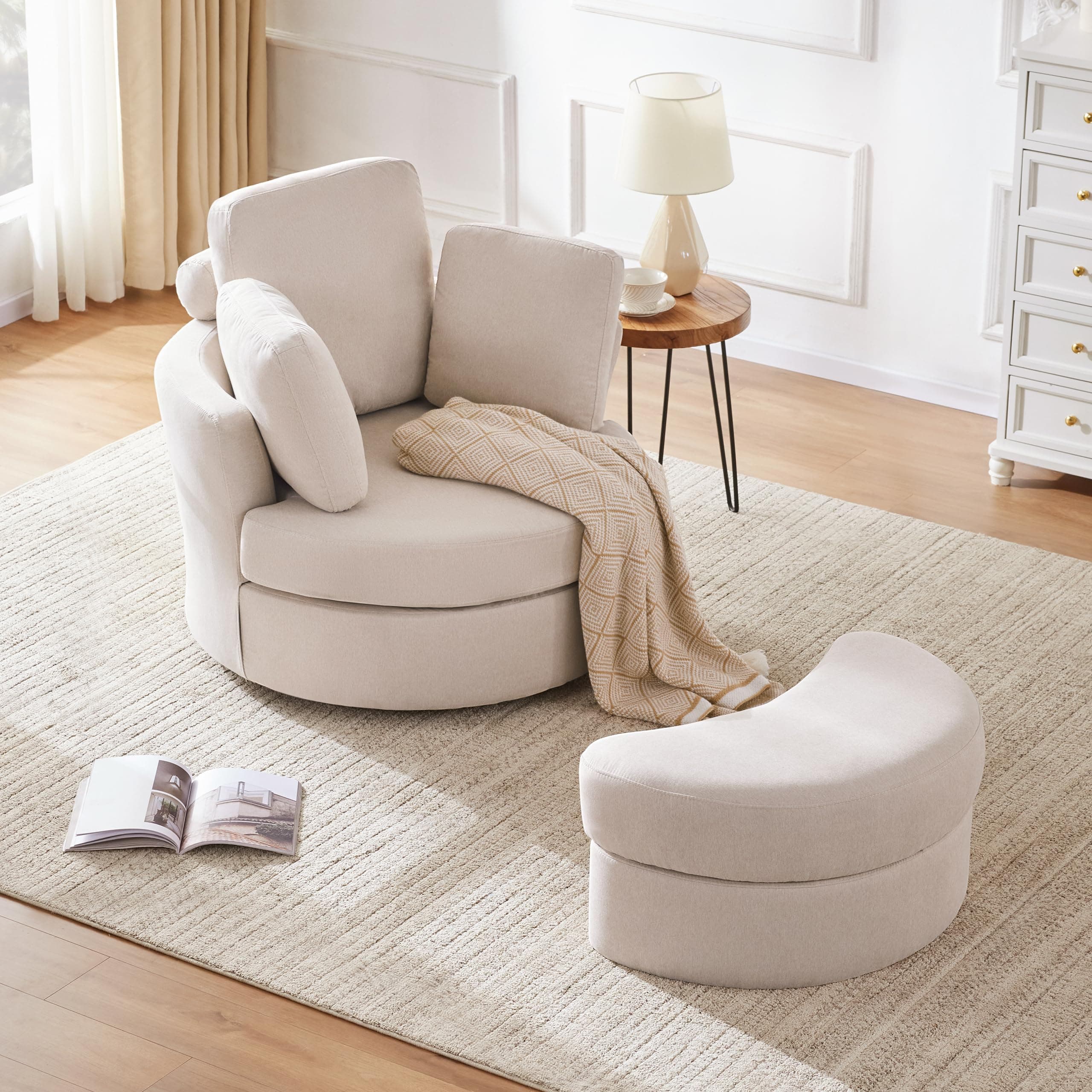 Swivel Accent Barrel Chair with Removable Headrest and Neck Support Pillow, Living Room Oversized Chair with Ottoman – Beige