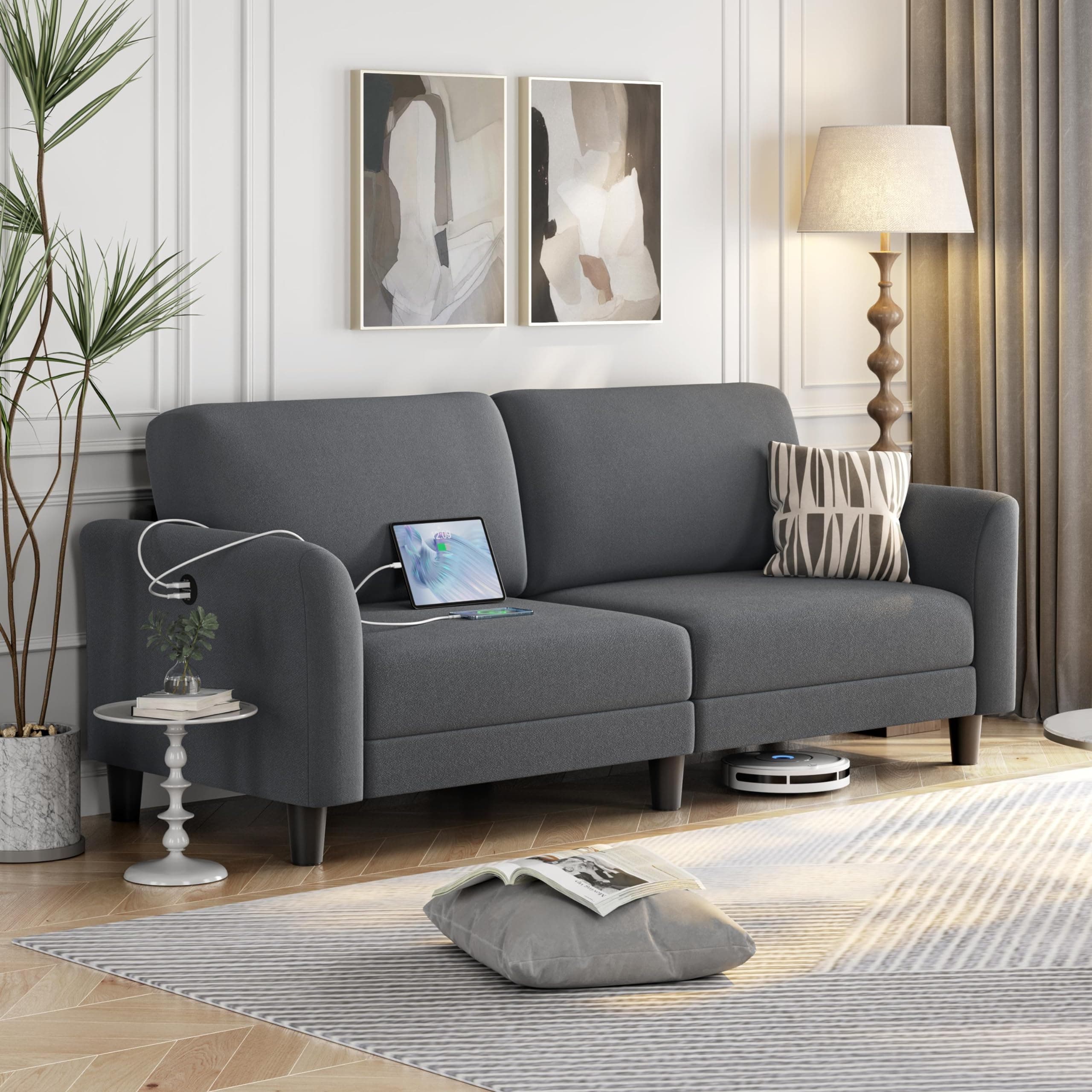 Yaheetech 67" Dark Gray 2 Seater Fabric Sofa with USB Ports