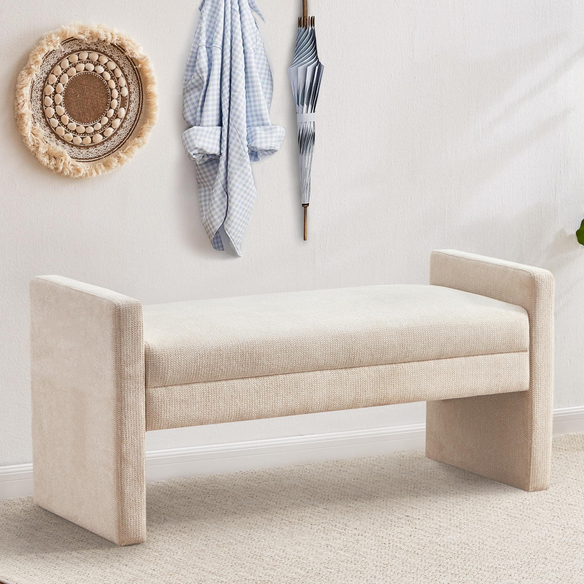 Khaki Upholstered Solid Wood Bench for Bed & Living Room