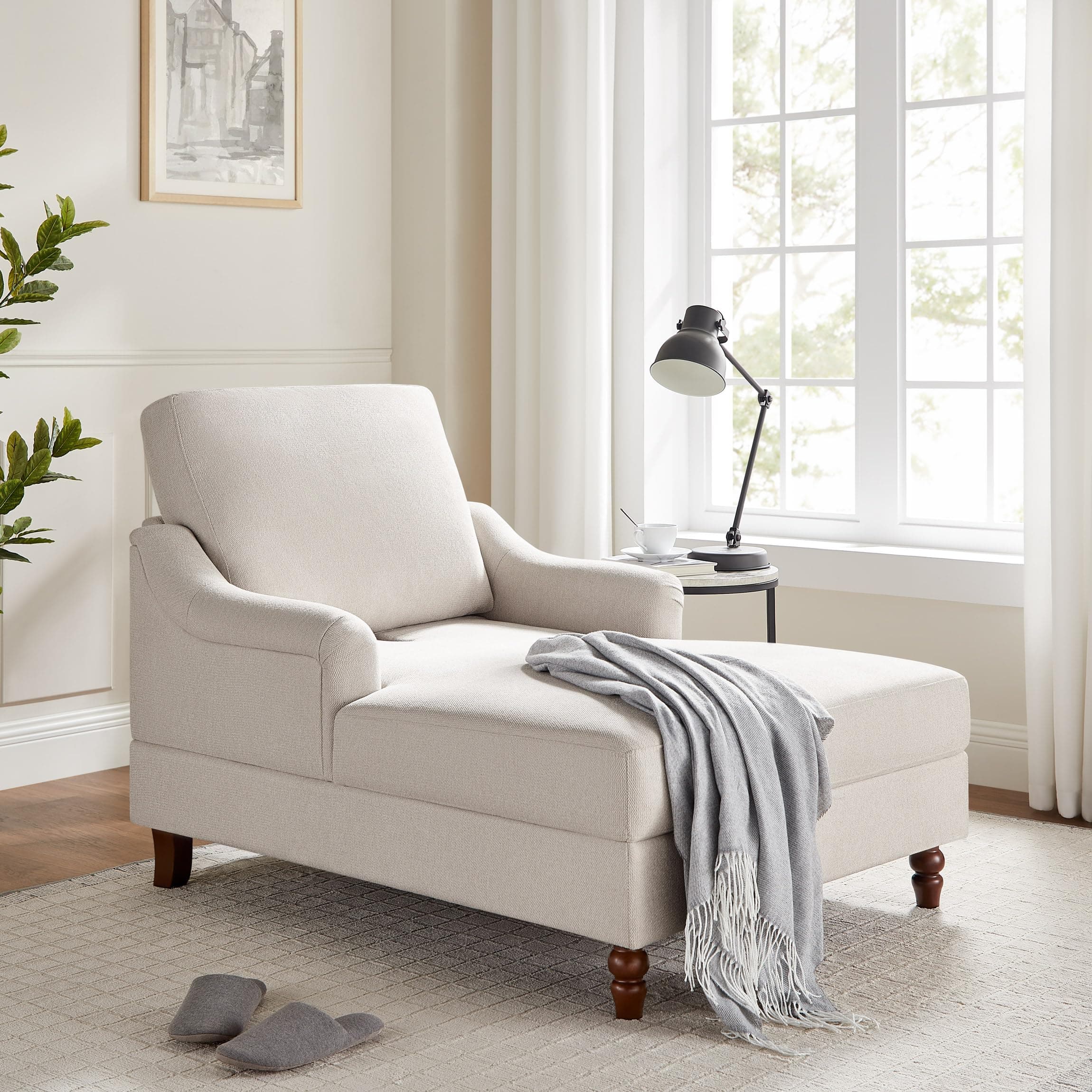 Beige White Adjustable Backrest Chaise Lounge Chair with Armrests