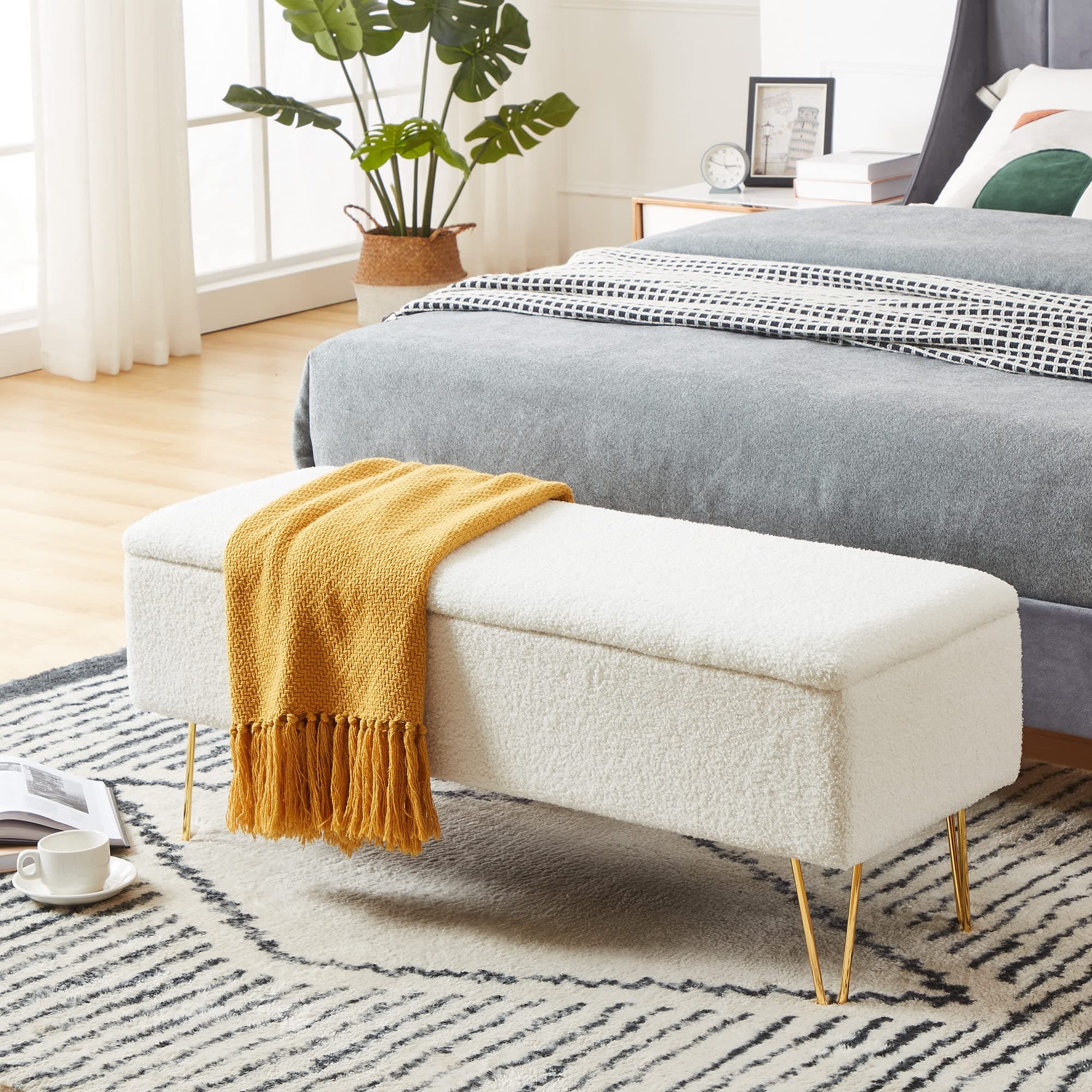 Gold Finished Cozy Castle Storage Bench, 43.3" for Bedroom & Entryway