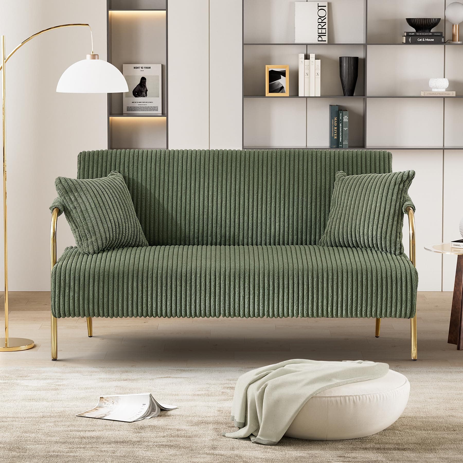 O YY Sir Dark Green Corduroy 59" 2 Seater Loveseat Couch with Pillows