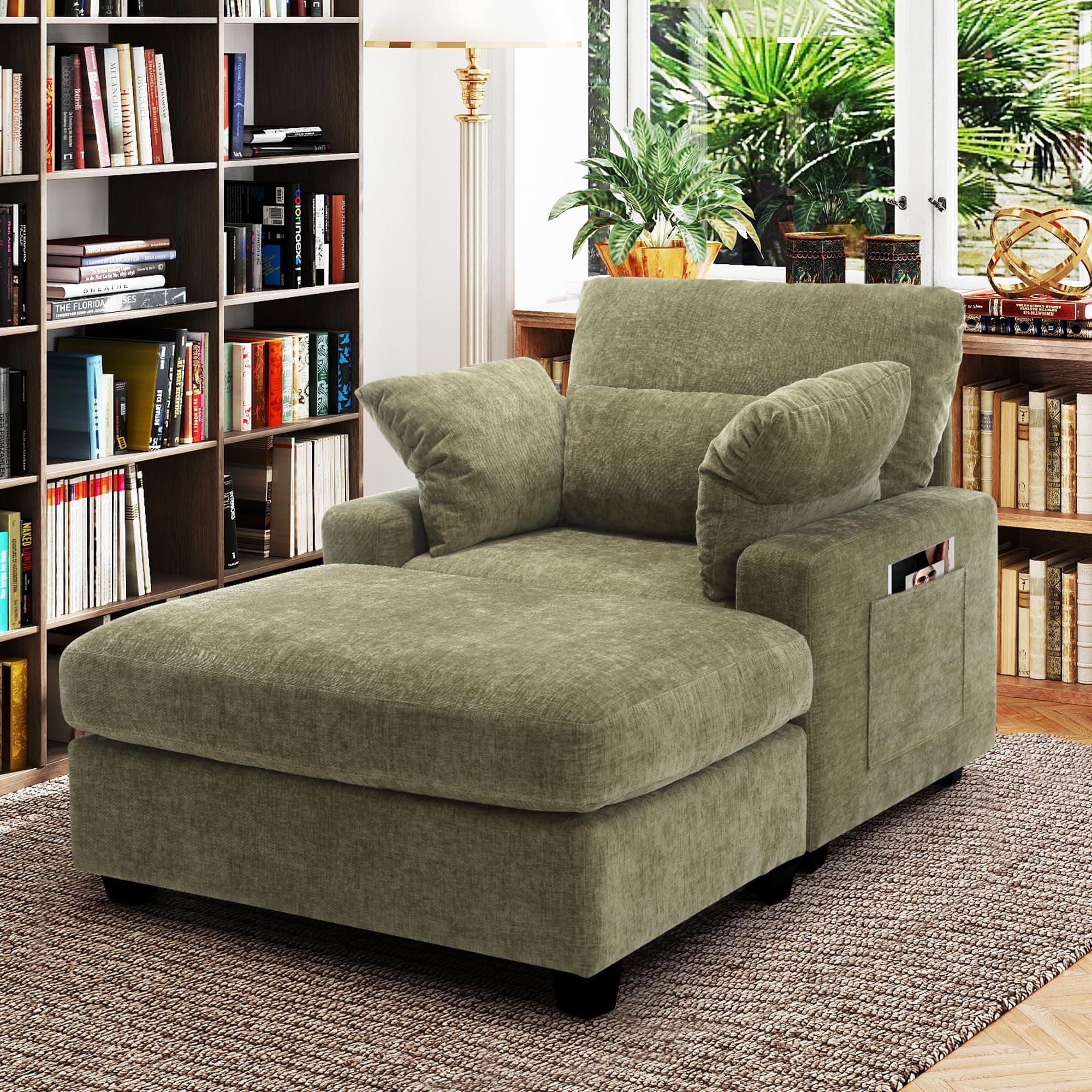 Oversized Chenille Chaise Lounge Chair with Ottoman (57.6", Green)