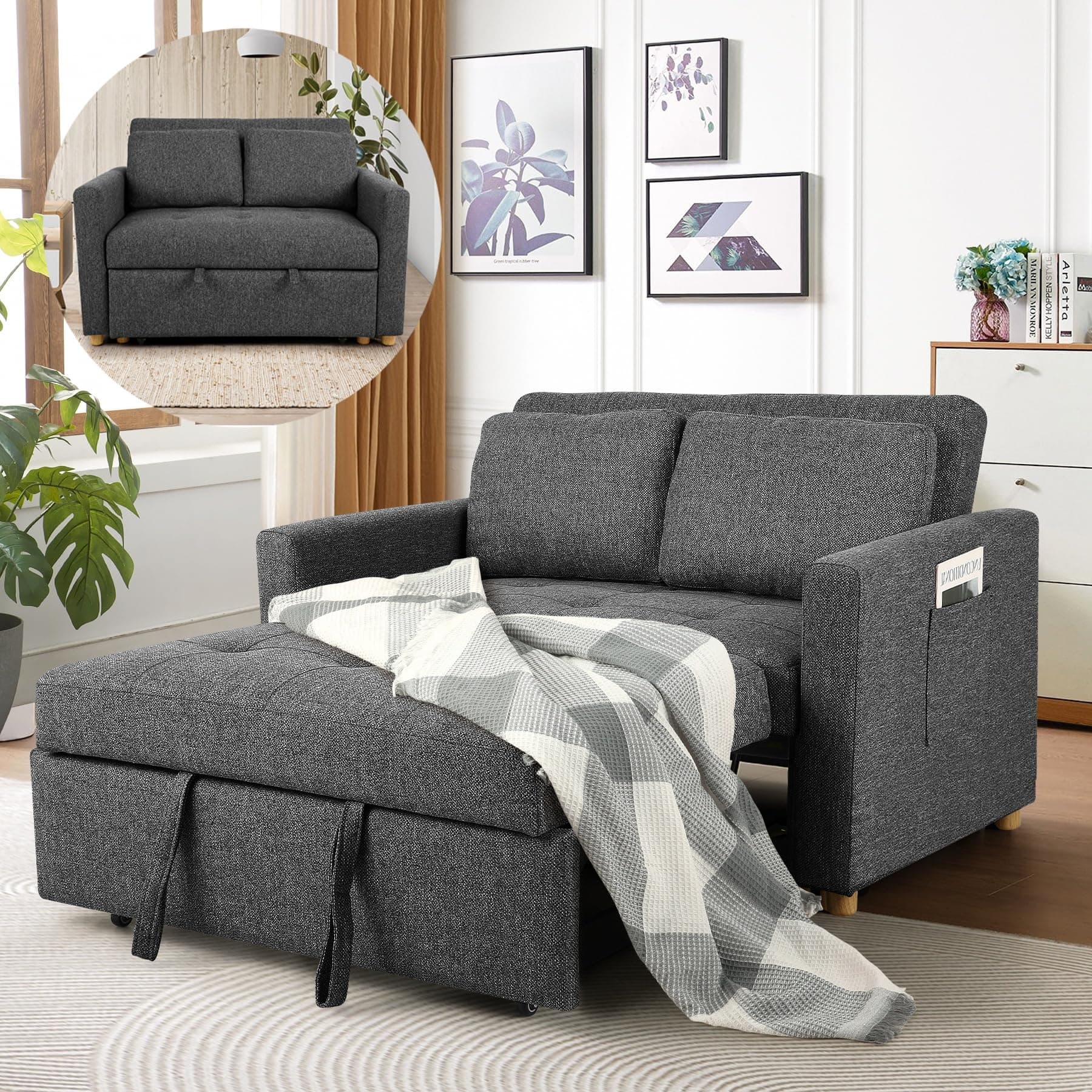 SEJOV 3-in-1 Convertible Sleeper Sofa, Linen Fabric with Adjustable Backrest, Black