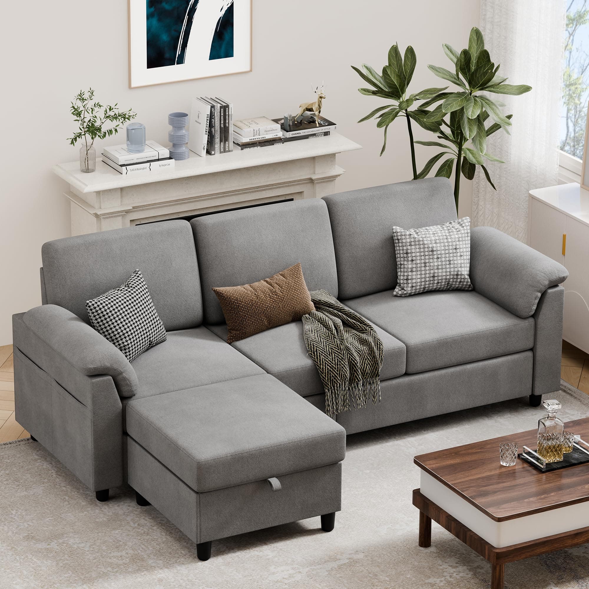 Vongrasig 79" L-Shaped Couch with Storage Ottoman, Light Grey Linen Fabric