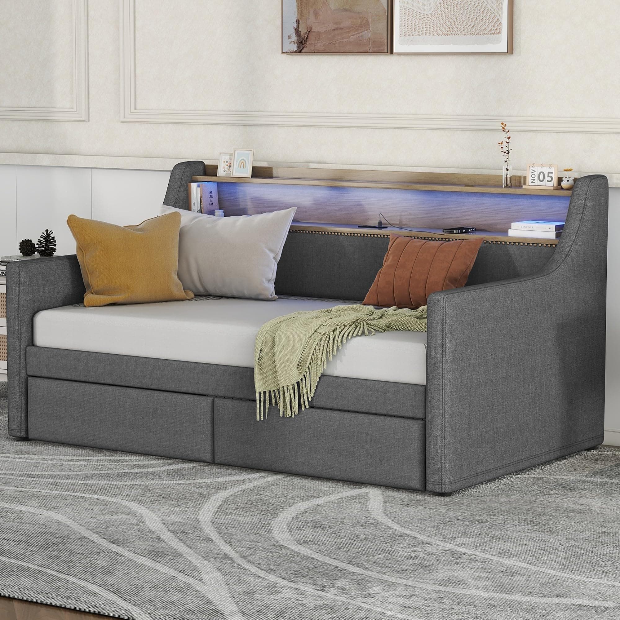 Twin Size Daybed with Storage Drawers, Charging Station and LED Lights, Gray Linen Fabric