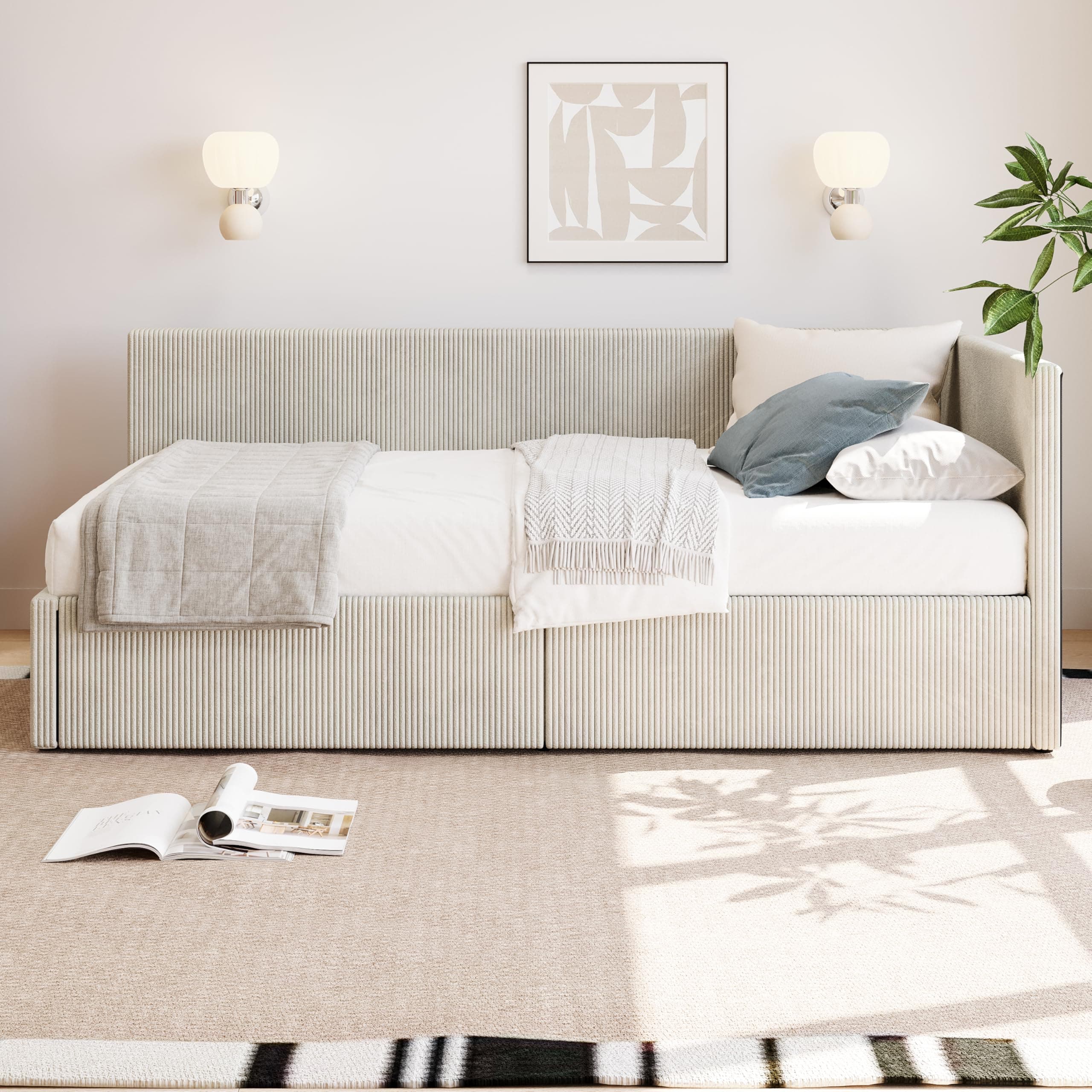 LUSPAZ Beige L-Shape Corduroy Daybed with 2 Drawers & Striped Legs, No Box Spring Required