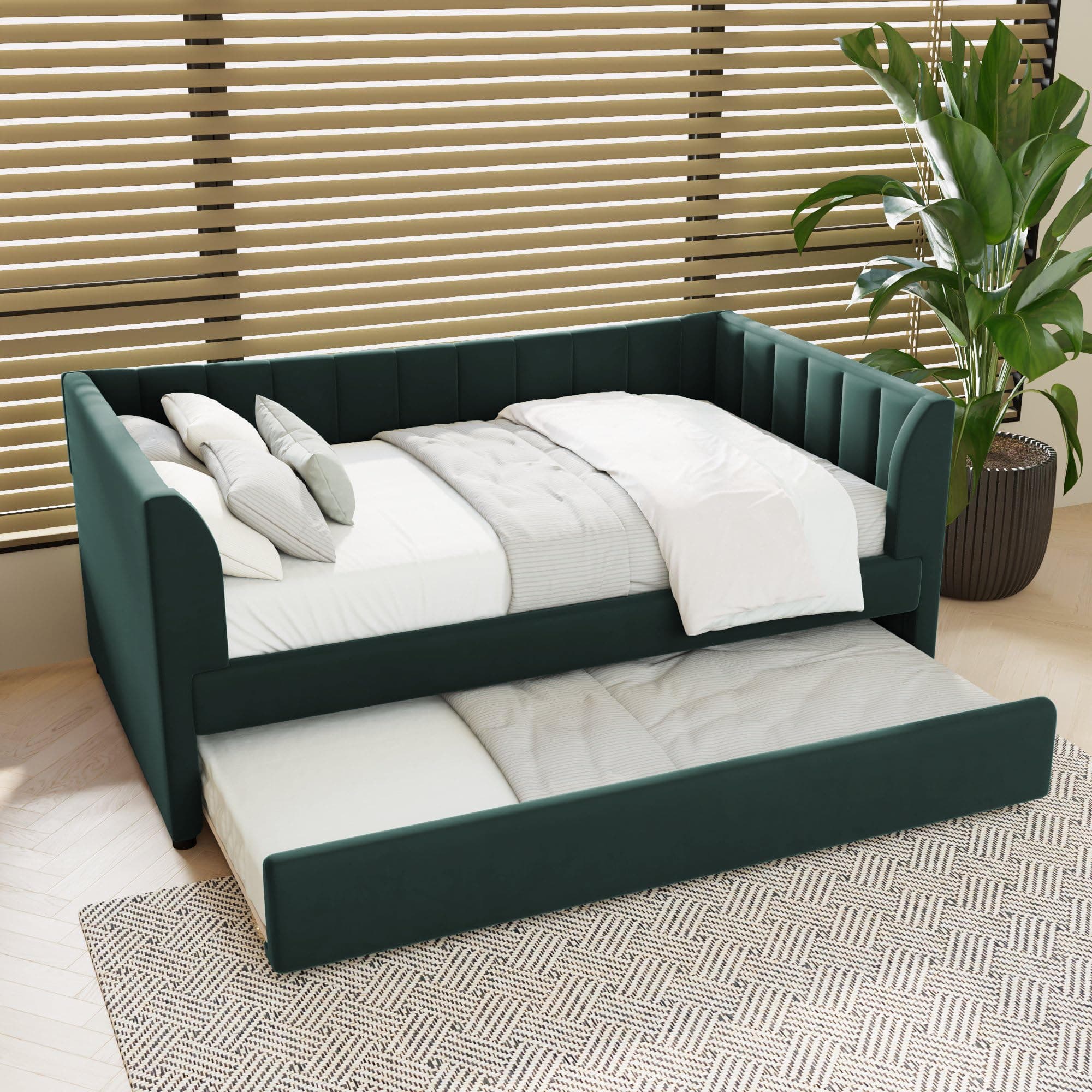 Merax Velvet Daybed with Backrest and Armrests, Green, Twin with Trundle