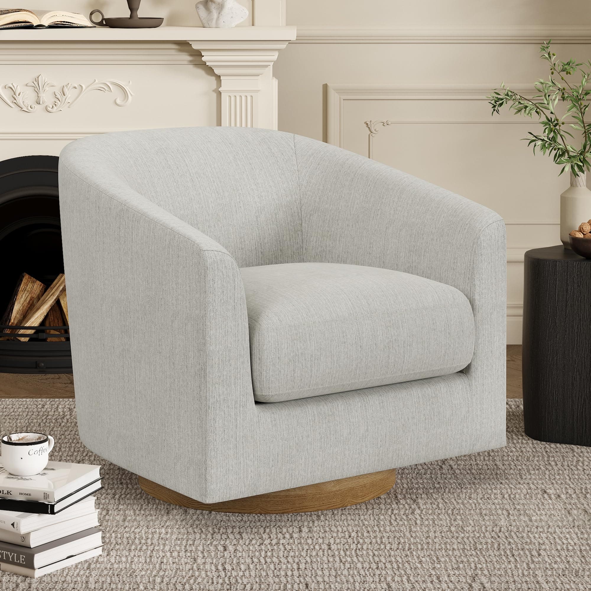 Ivory White Swivel Accent Chair with Solid Wood Base - For Bedroom, Reading, or Waiting Room