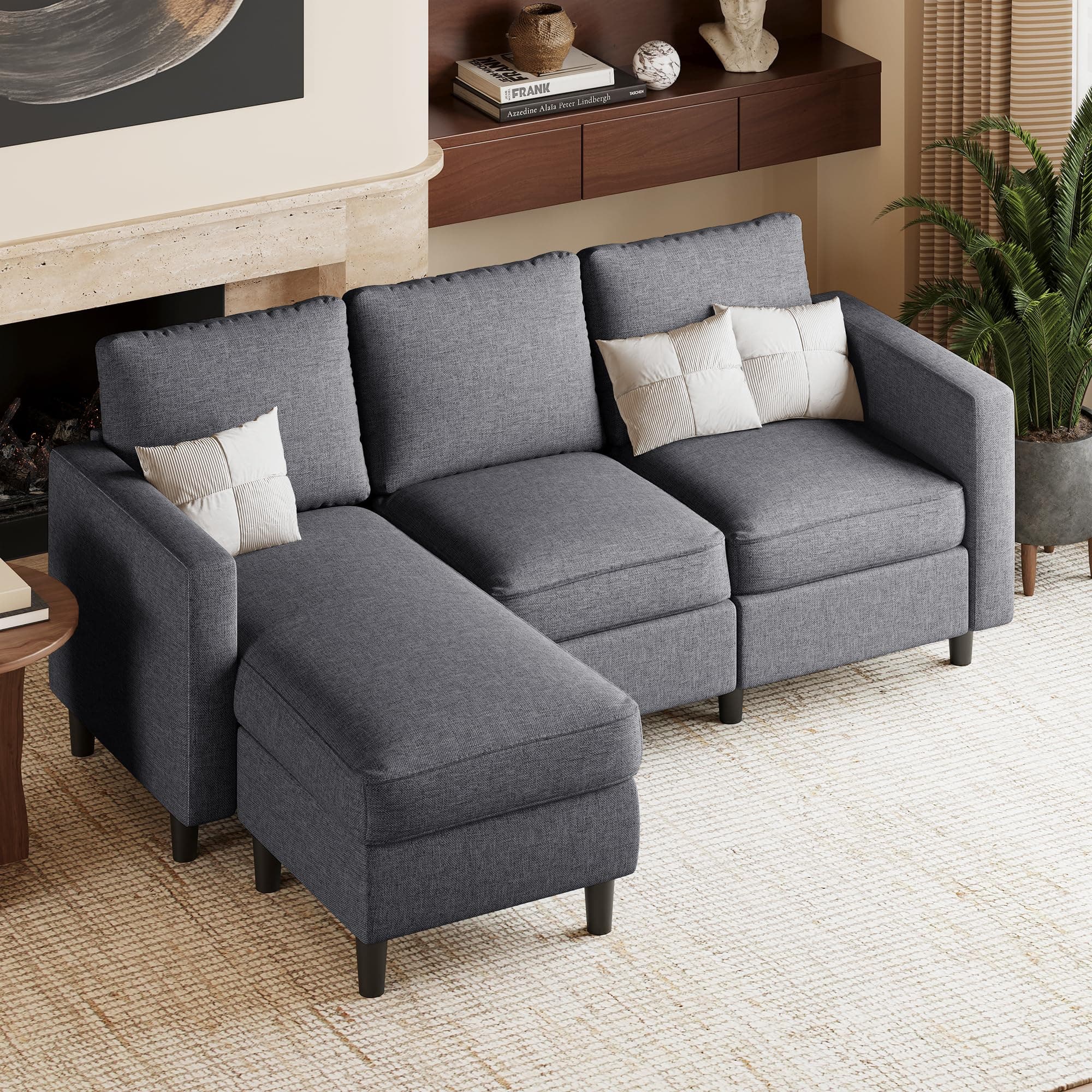 JAMFLY L-Shaped Couch for Living Room, Dark Grey Reversible Chaise