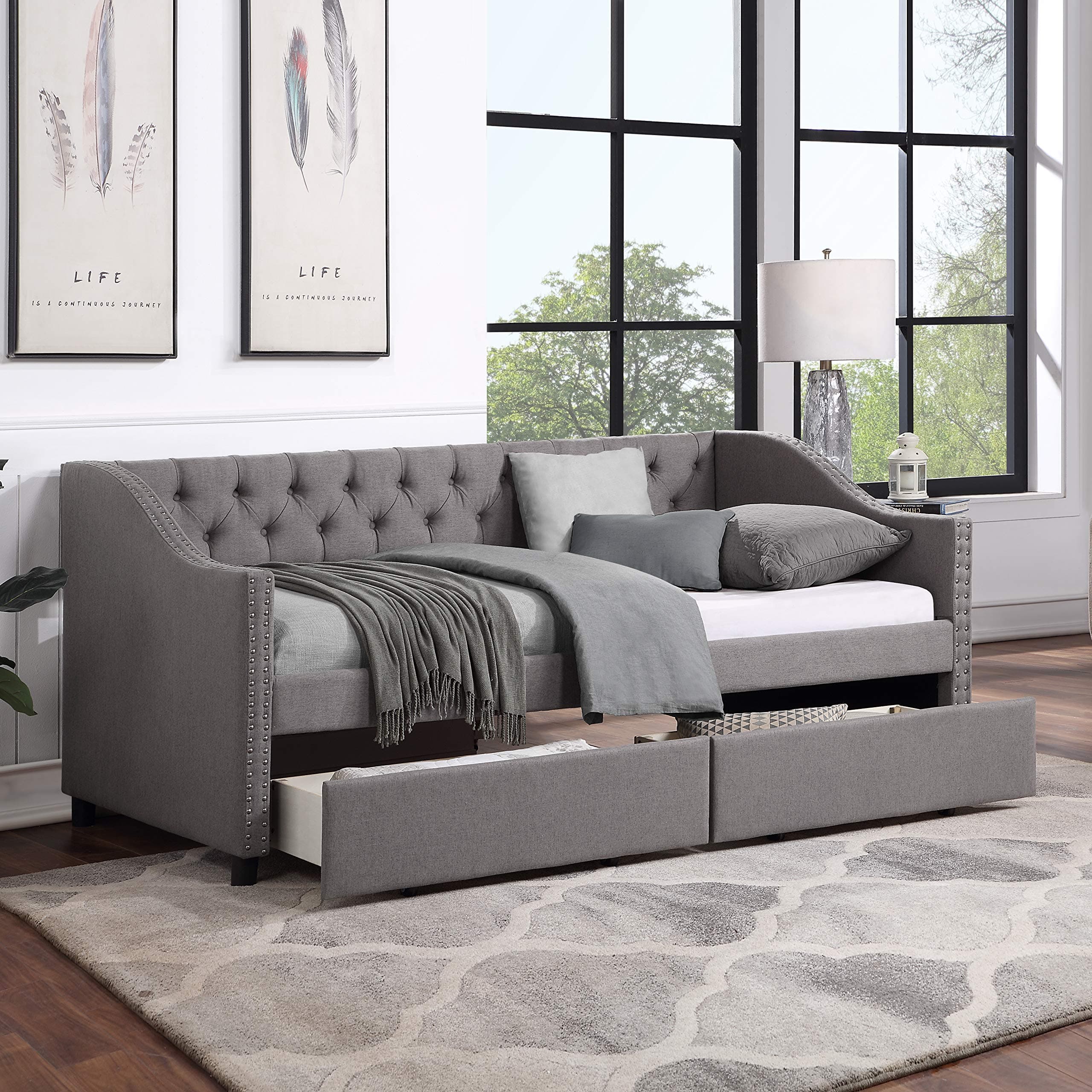 Grey Tufted Storage Daybed with Nailhead Trim and Wood Slat Support