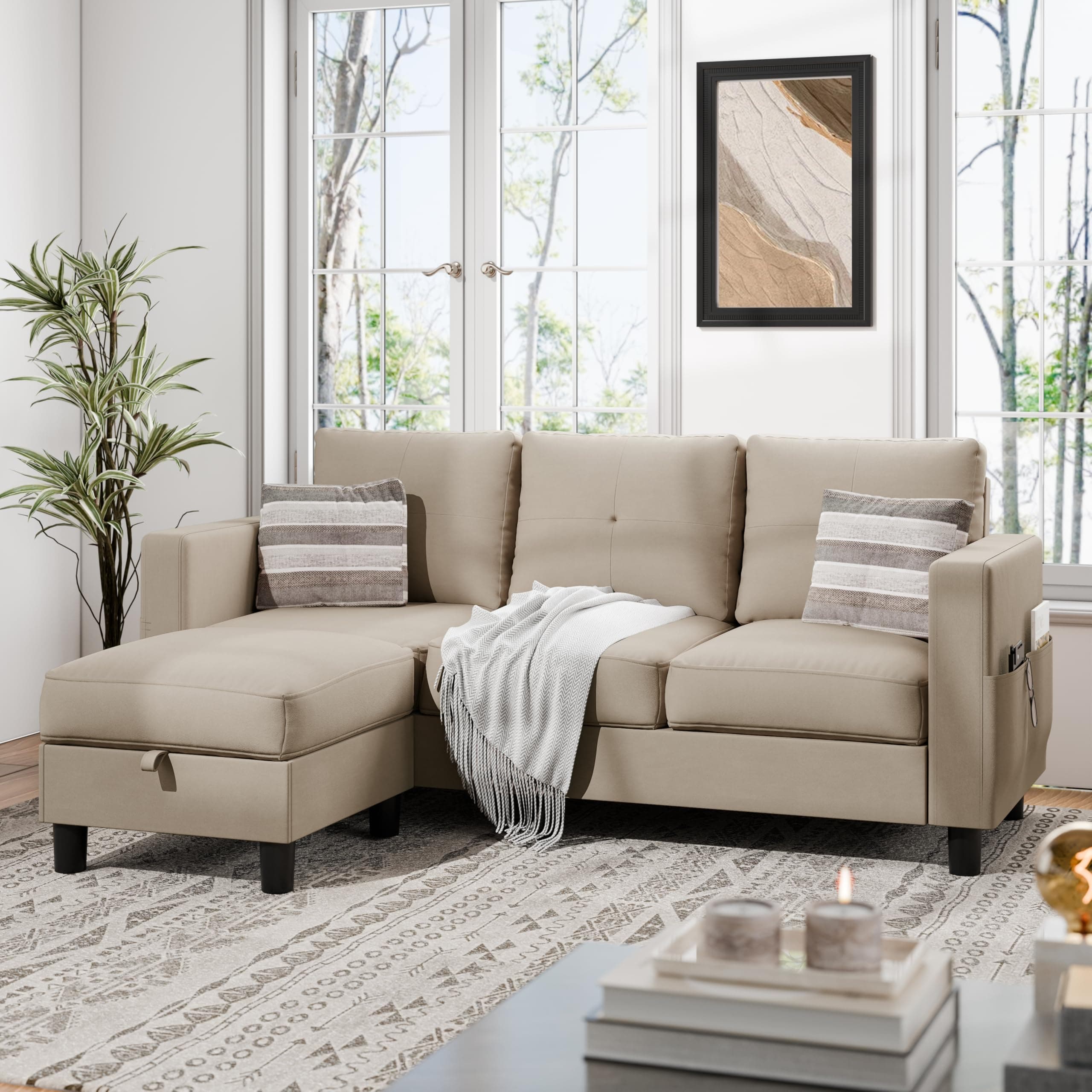 JAMFLY L-Shaped Sectional Sofas with Storage for Small Spaces, Light Brown