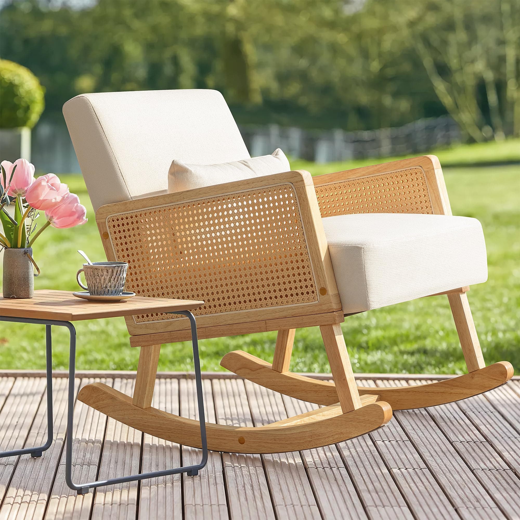 Wooden Rocking Chair with Washable Cushions for Outdoor and Indoor Use