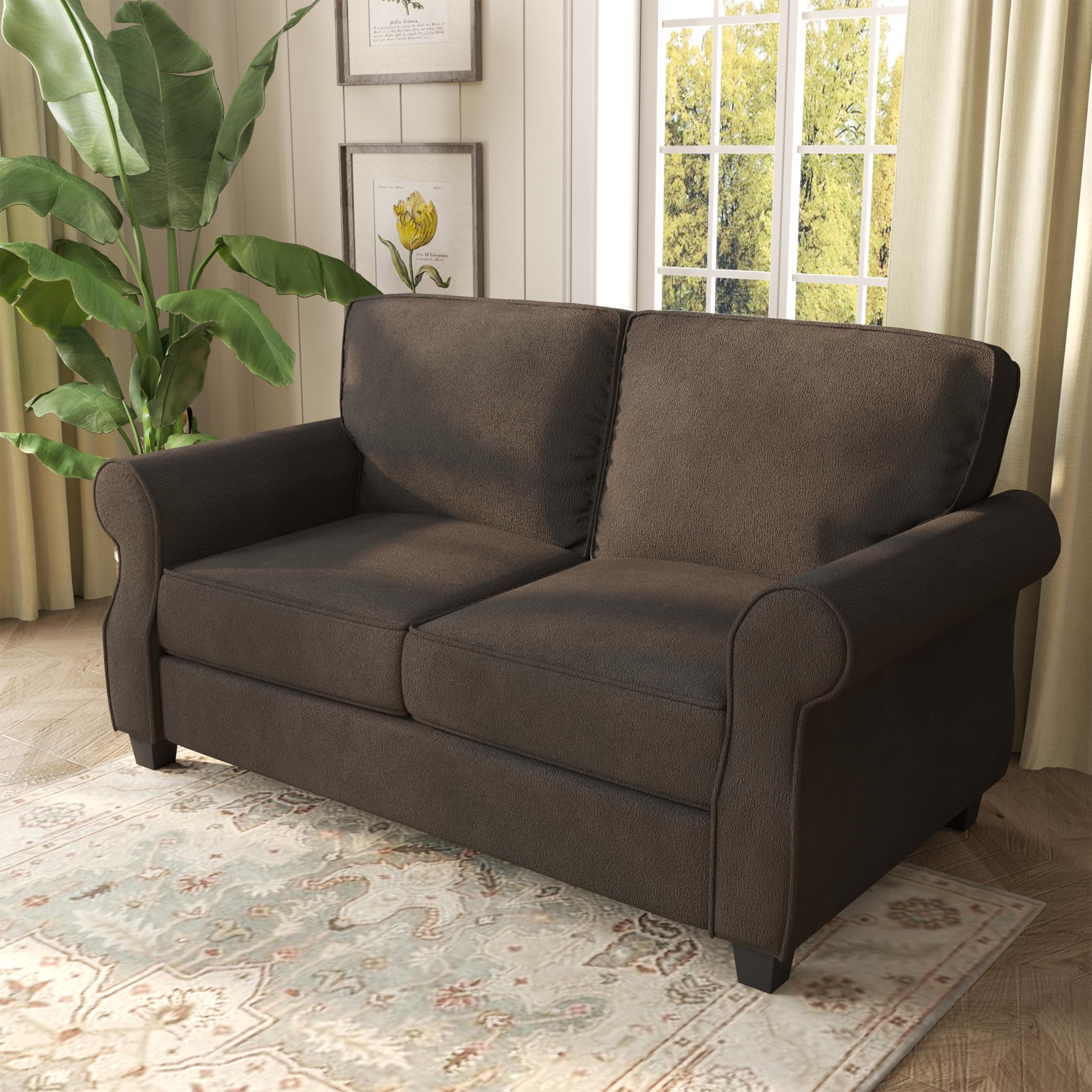 ZeeFu 56" Mid Century Modern Brown Velvet Love Seat Sofa