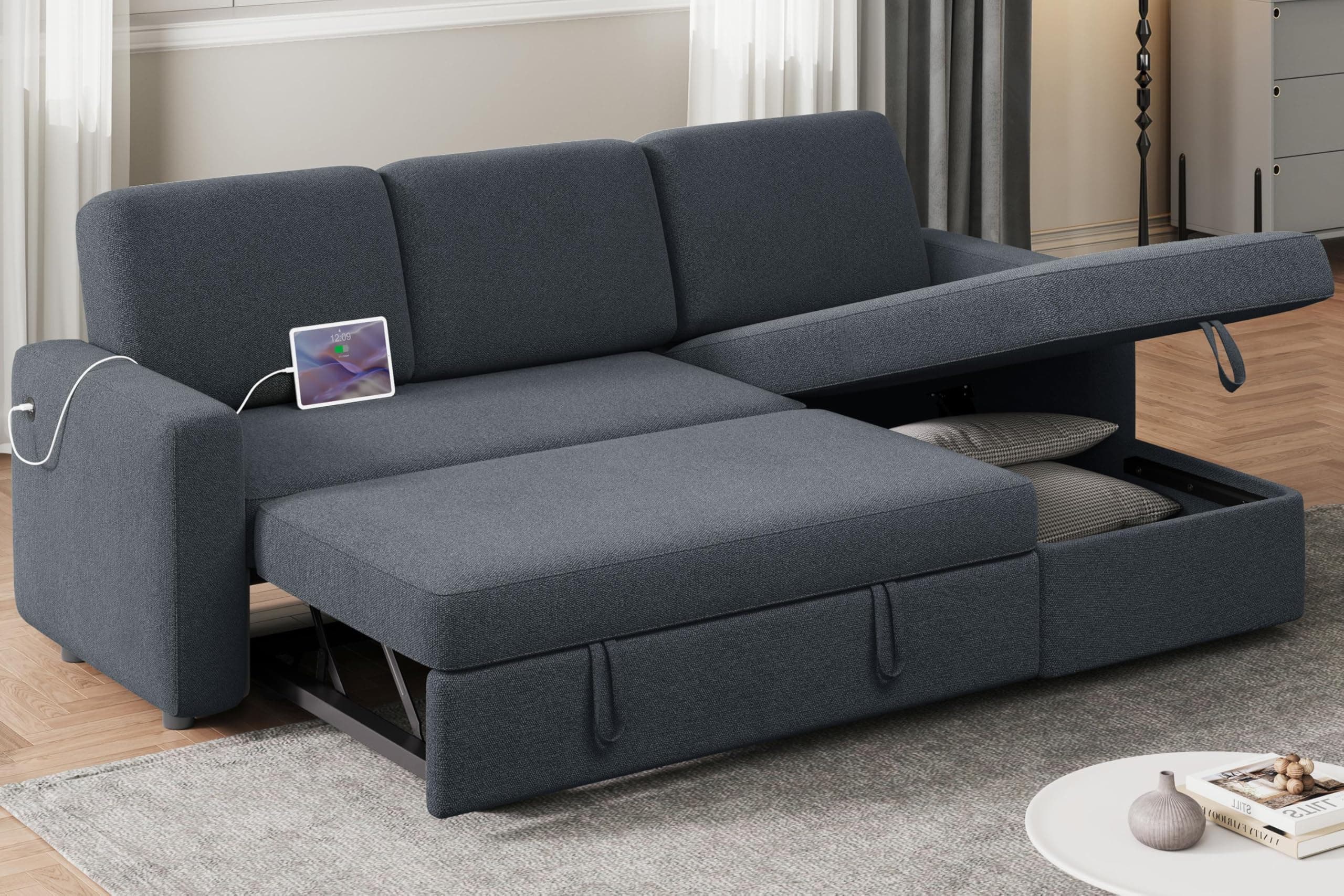 Yaheetech Dark Gray L-Shaped Couch Bed with Chaise & Storage