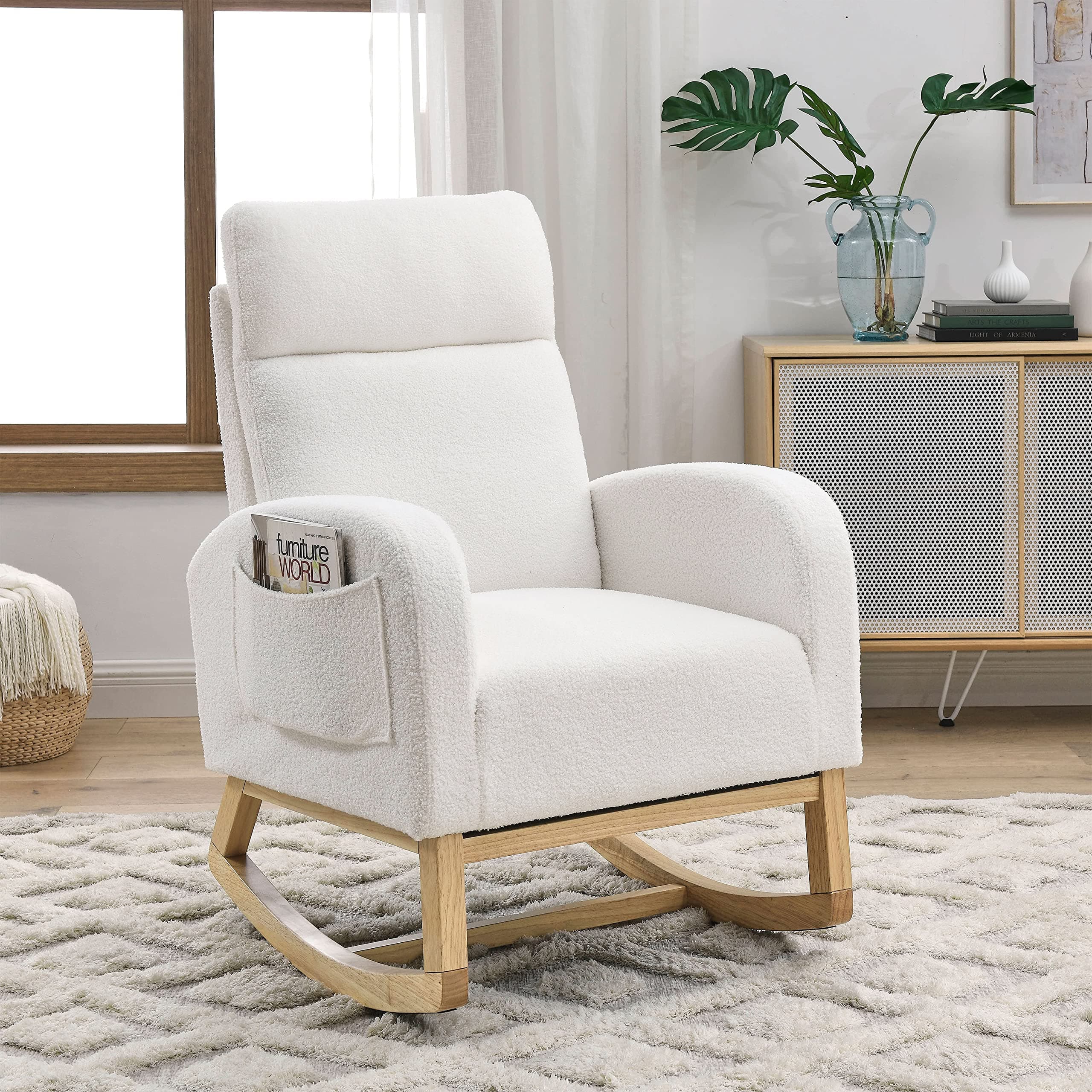 Modern White Fabric Upholstered Rocking Glider Chair with Side Pockets