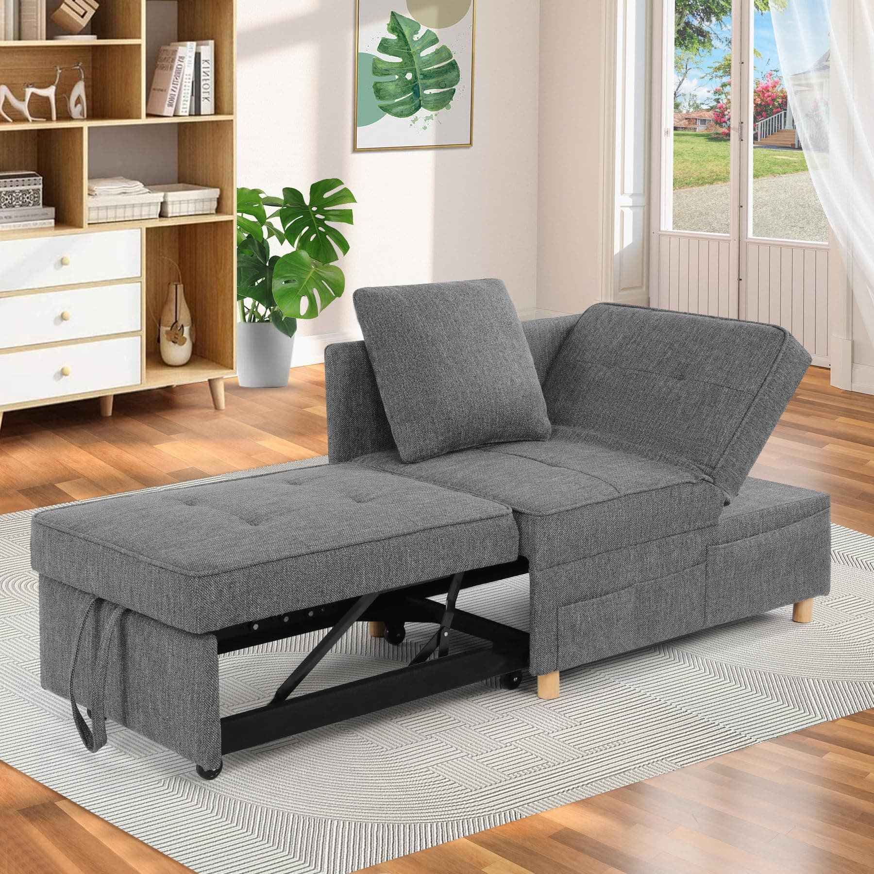 SEJOV 3-Seat Pull Out Couch Bed, 4-in-1 Convertible Sleeper Sofa, Dark Grey