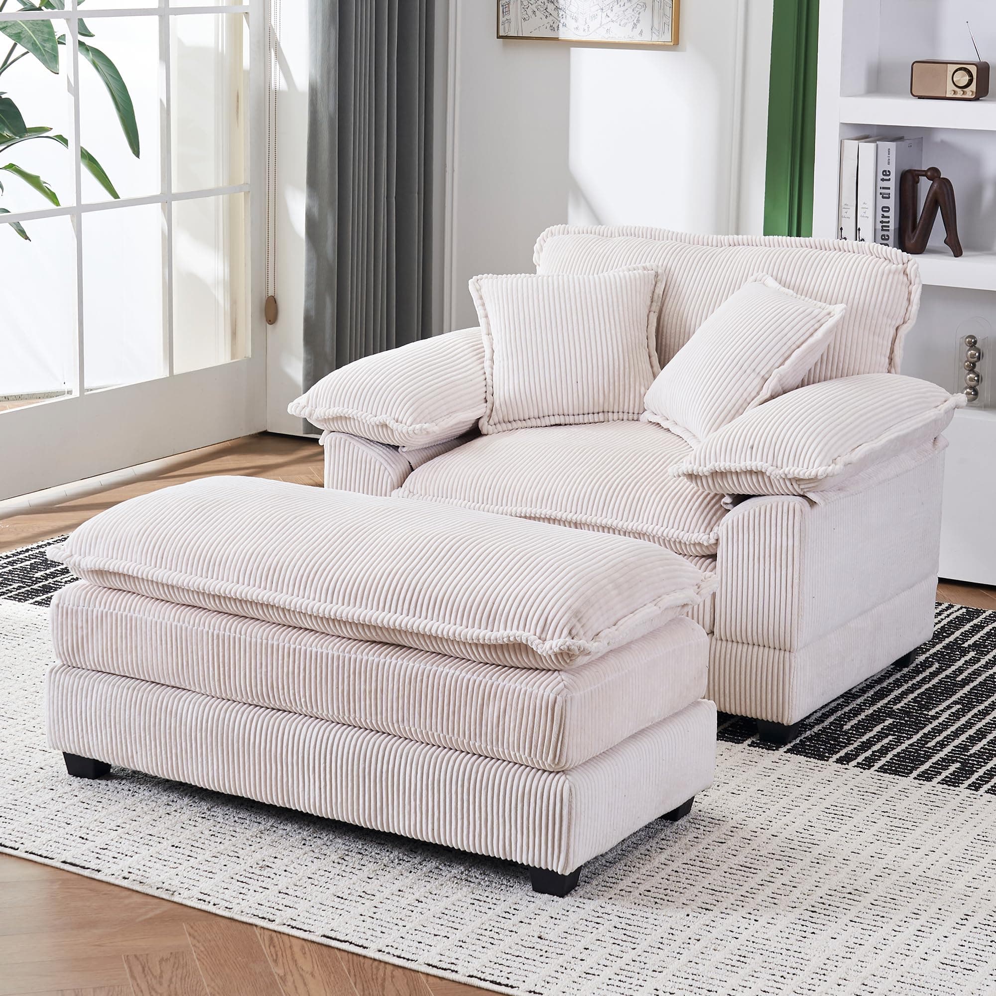 56.3" Oversized Corduroy Chaise Lounge with Ottoman, Plush Seat for Living Room