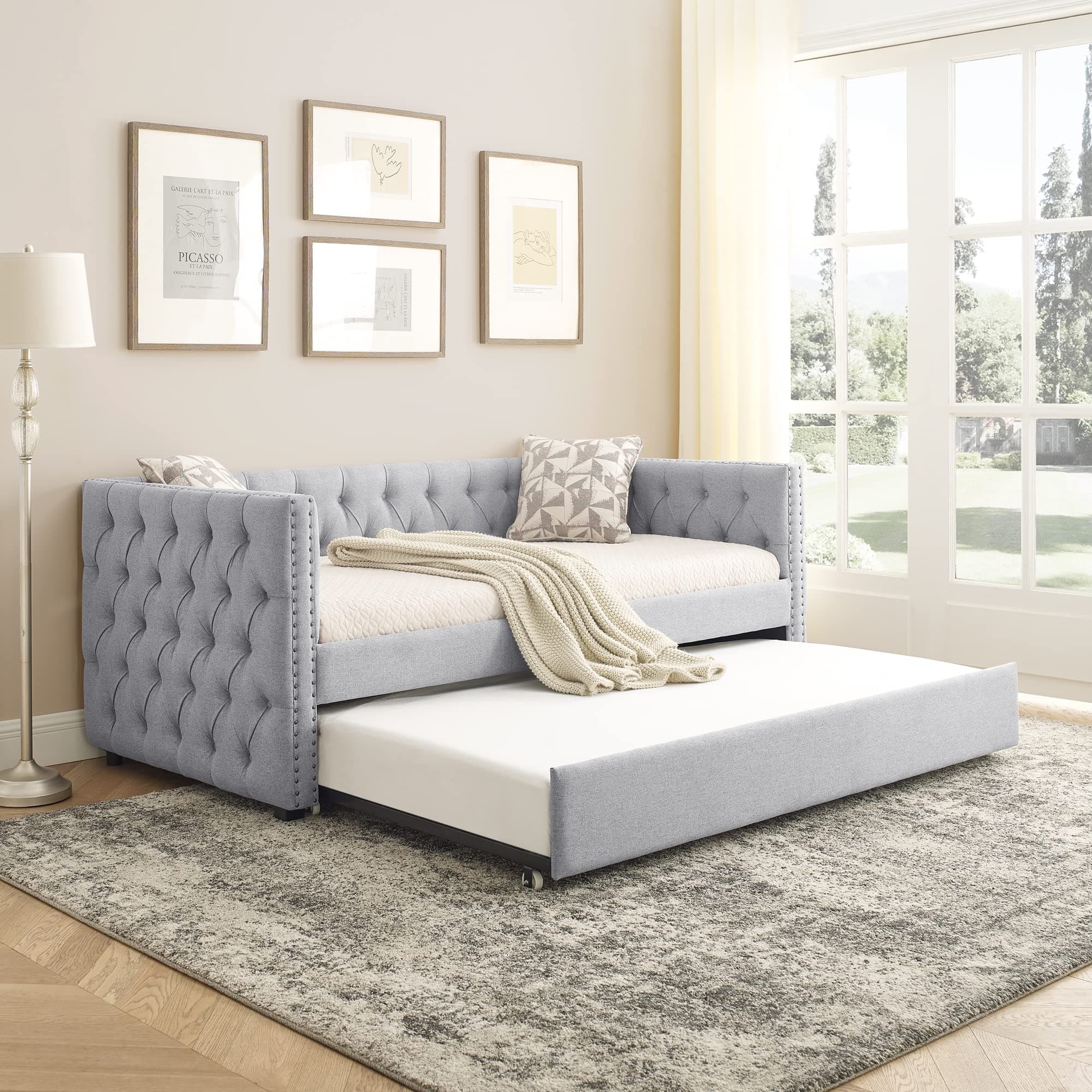 Modern Upholstered Daybed with Trundle for Teens - Light Grey