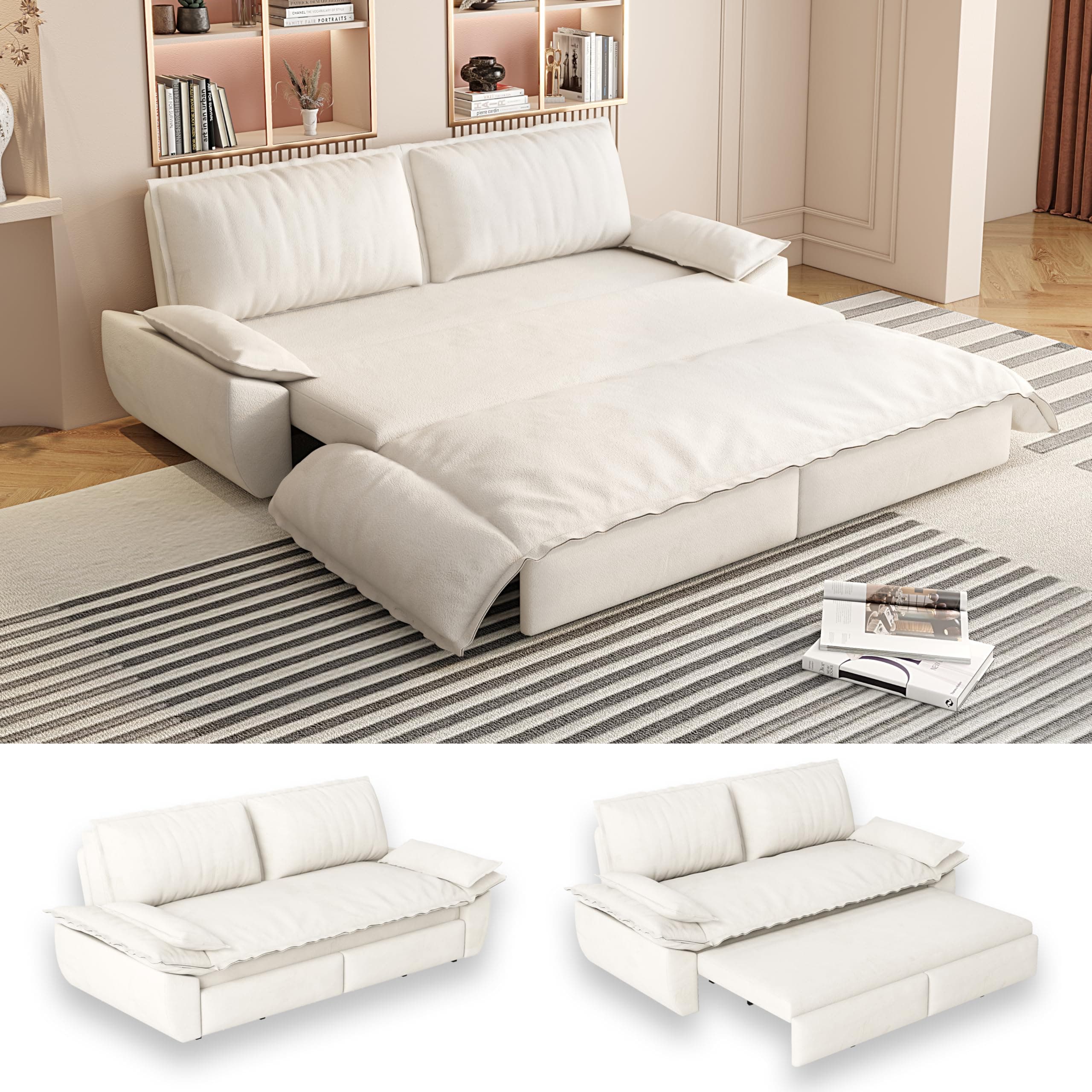 70.1" Queen Size 3-in-1 Convertible Futon Sofa Bed with Cushion Armrest, Modern Velvet Beige Couch for Living Room and S