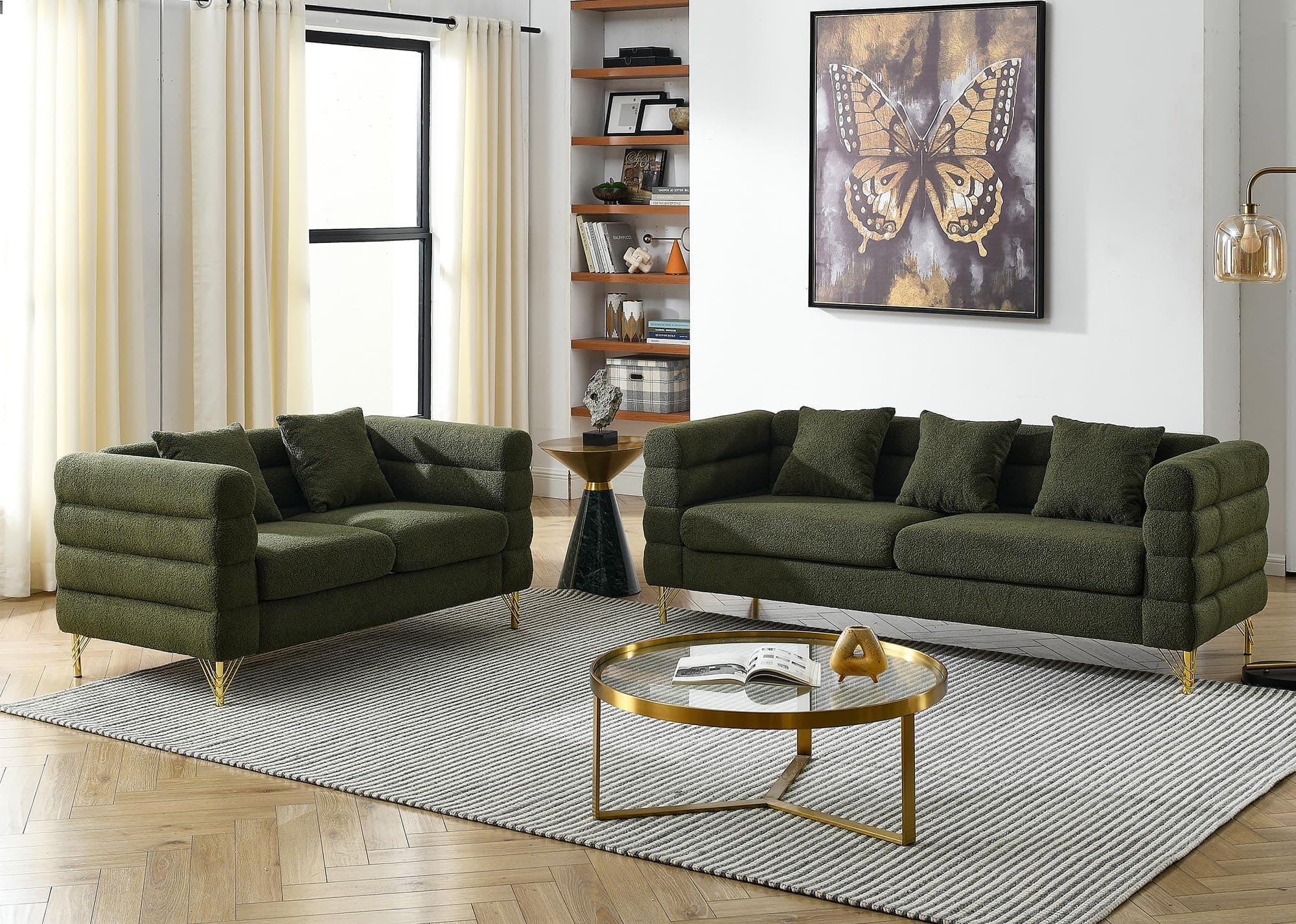 Teddy Bouclé 3 Seater & Loveseat Sofa Set, Green Gold Legs
