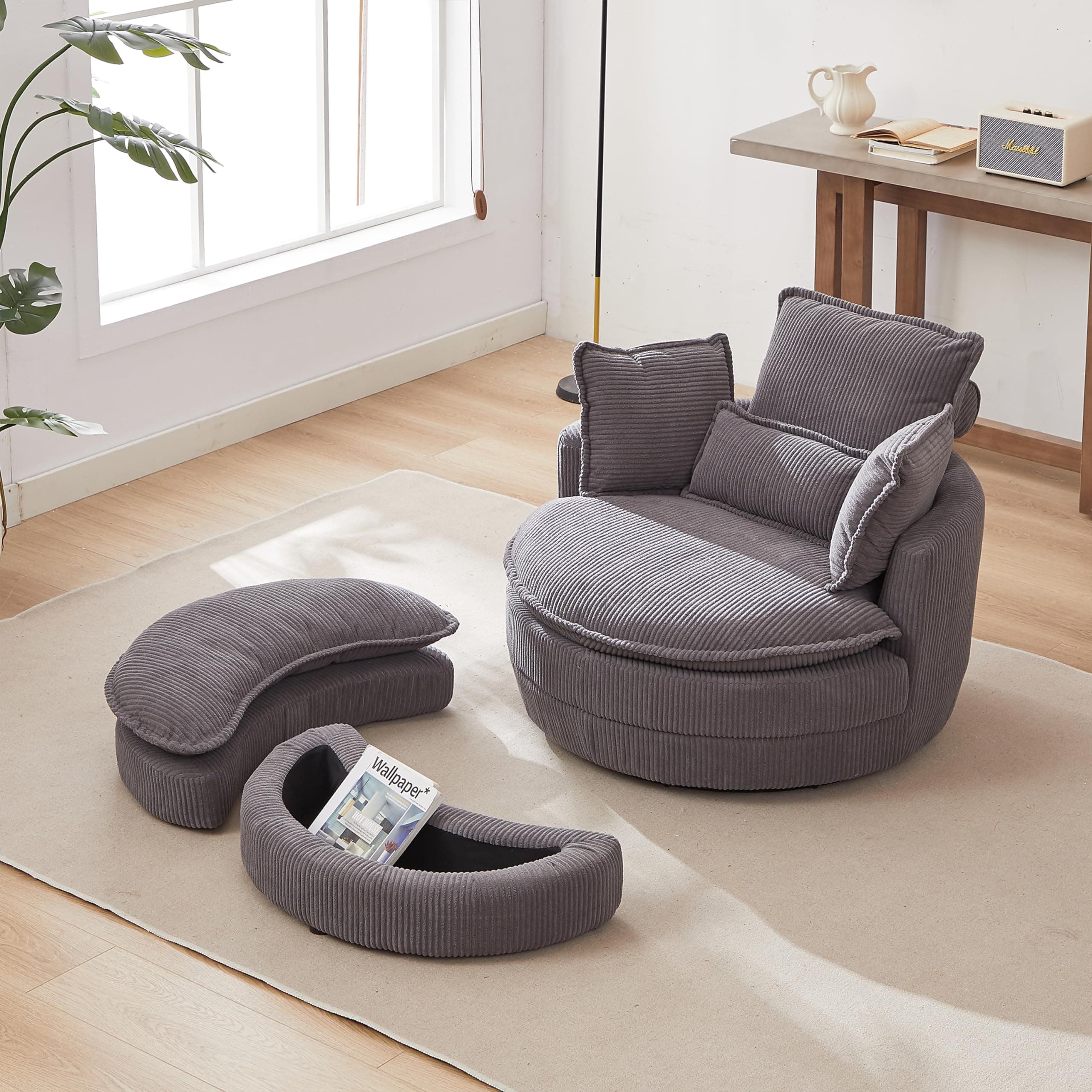 Oversized Grey Swivel Chair with Moon Ottoman & 4 Pillows