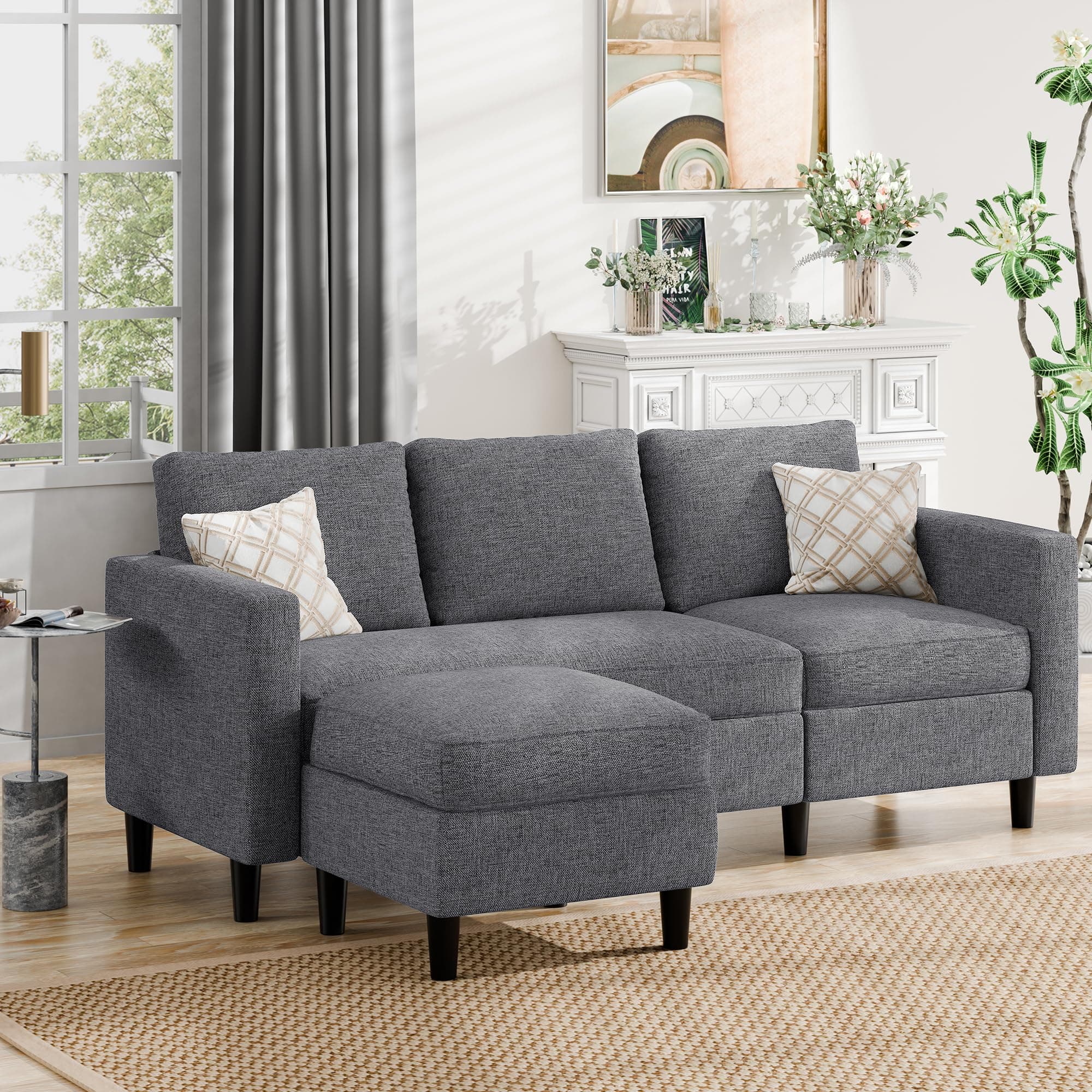 JAMFLY Convertible L-Shaped Sectional Sofa in Dark Grey for Small Spaces