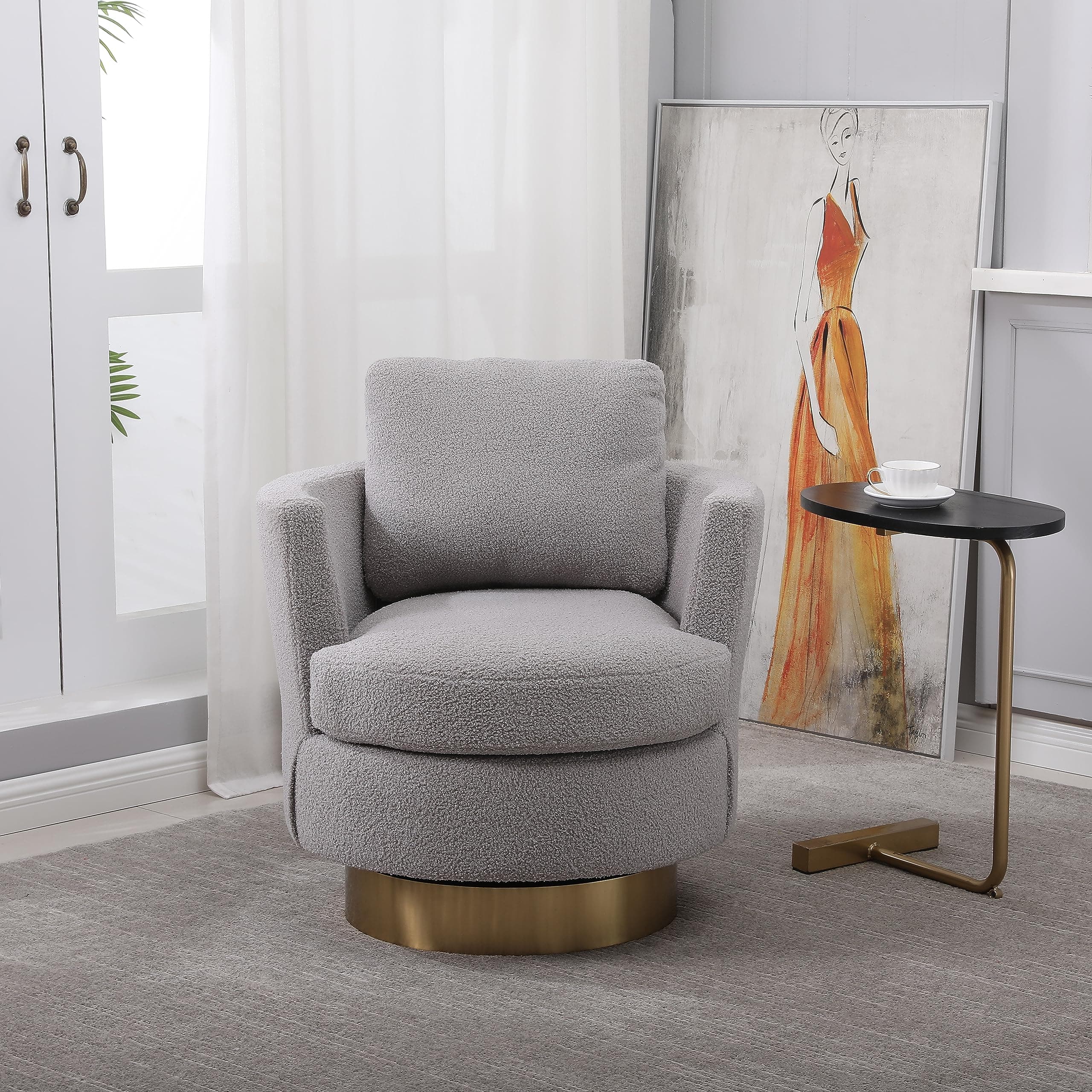 Gold Stainless Steel Base 360 Degree Swivel Chair, Teddy Grey Fabric (Living Room, Bedroom)