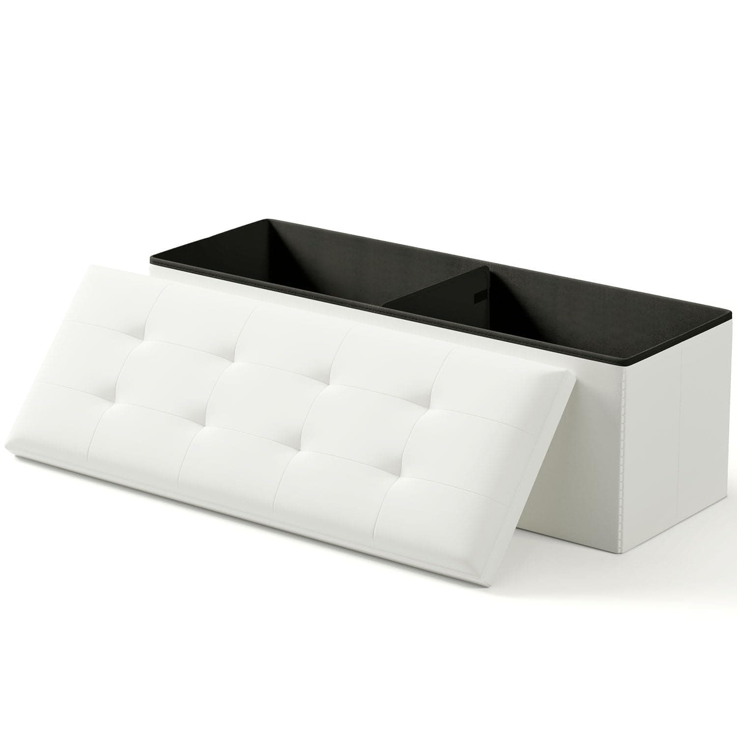 White Storage Ottoman Bench with Folding Foot Rest, 15 x 43 x 15 Inches