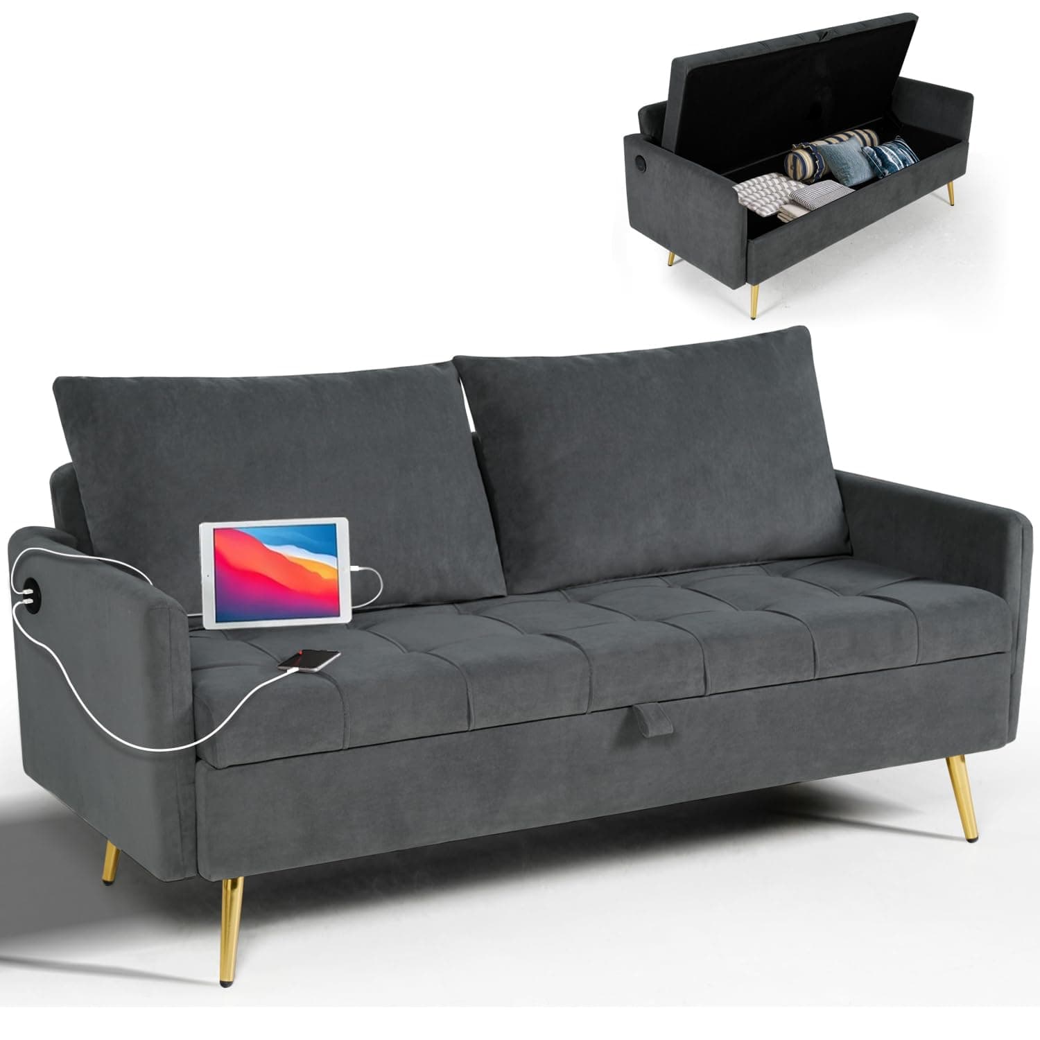 60 Velvet Loveseat Sofa with Storage and USB Charging Ports for Bedroom, Living Room, Office, Dorm - Dark Grey
