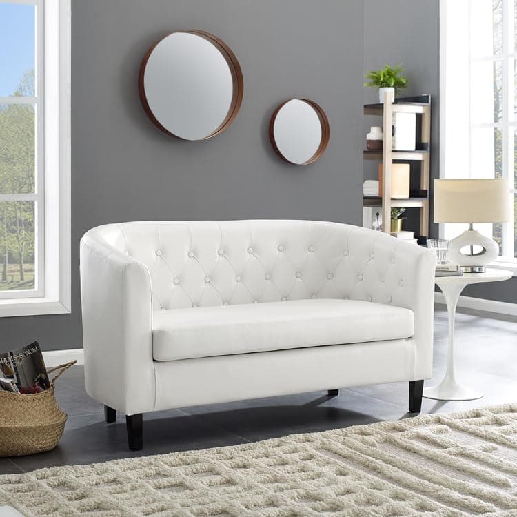 Midcentury Modern Button Tufted White Emma Loveseat, Small Living Room Couch - Easy Assembly
