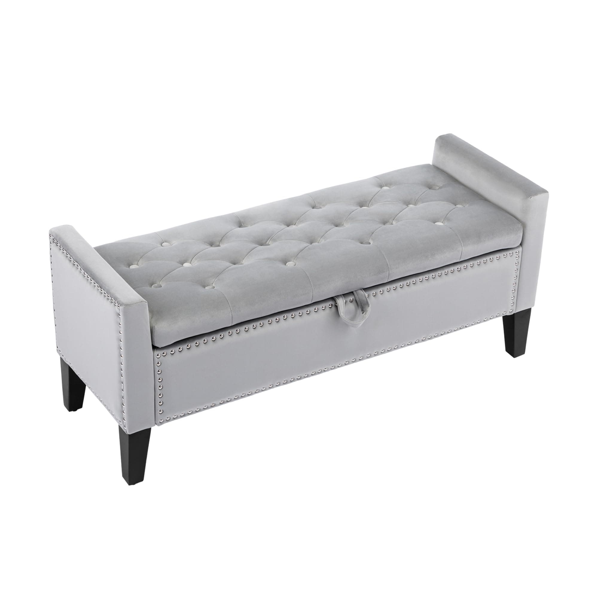Grey Velvet Button Tufted Storage Ottoman Bench, 45" End of Bed Bench
