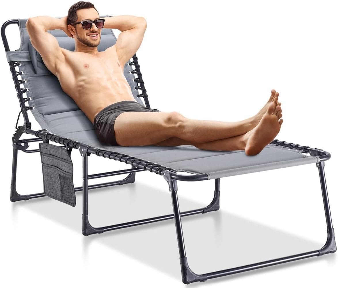 EZCHEER XL Outdoor Folding Lounge Chair, Grey, Oversized Sun Tanning Recliner