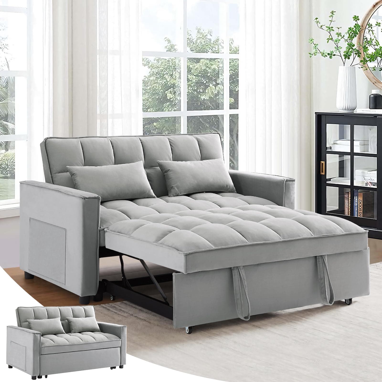 Antetek Modern Velvet Reclining Sleeper Sofa Bed, Grey