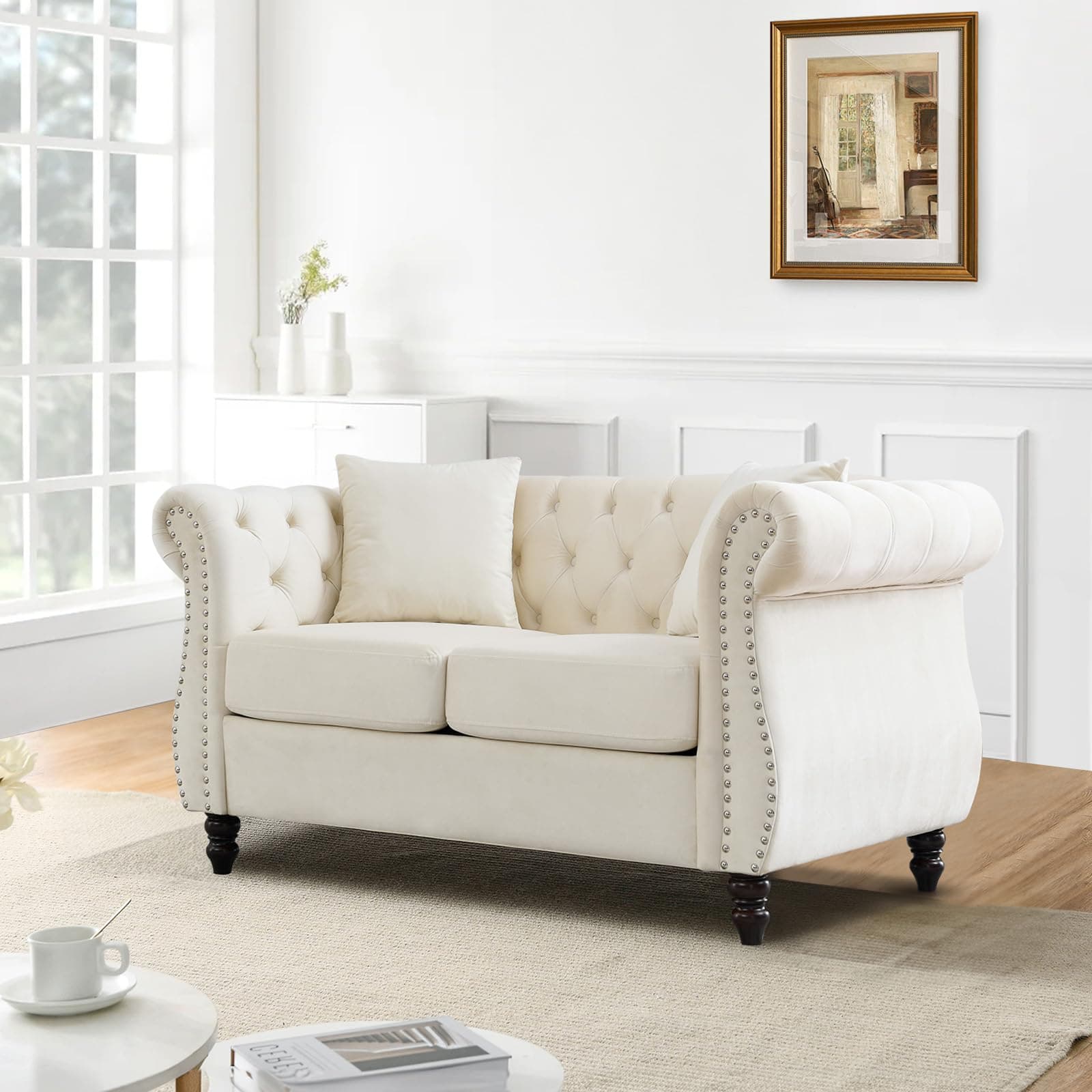JEEOHEY Chesterfield Button Tufted Velvet 2 Seater Sofa, Mid Century Modern Beige