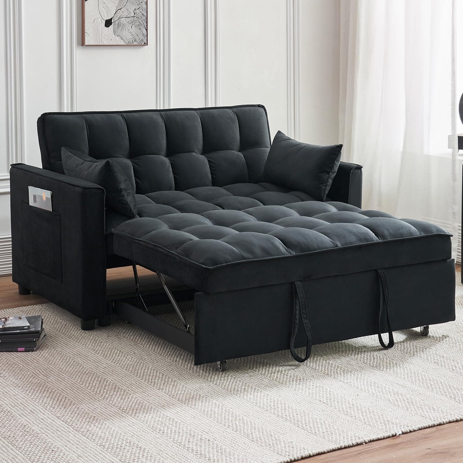 3-in-1 Velvet Sleeper Sofa Bed with Armrests and Storage(Black)