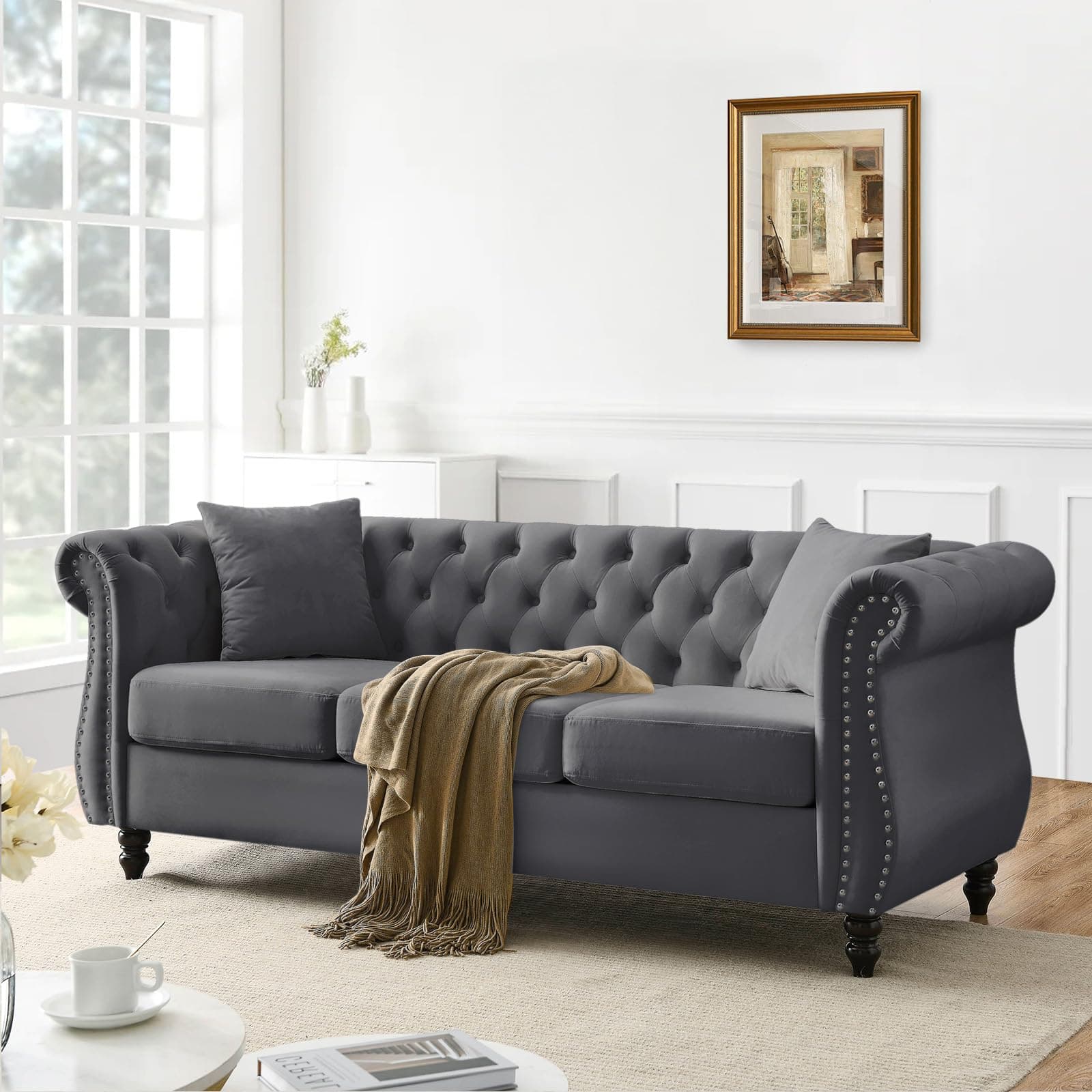 Chesterfield Sofa Couch, 80 Button Tufted Velvet Couch