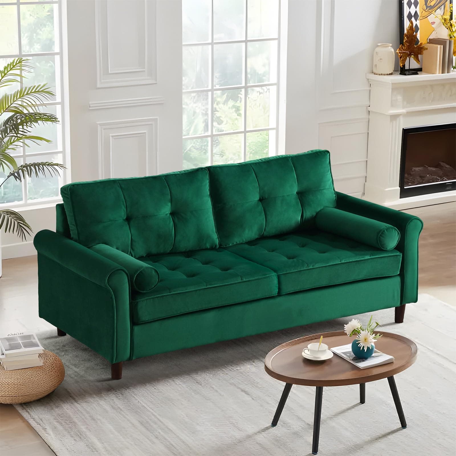 JEEOHEY 64 Inch Mid-Century Modern Green Velvet Love Seat Sofa Furniture