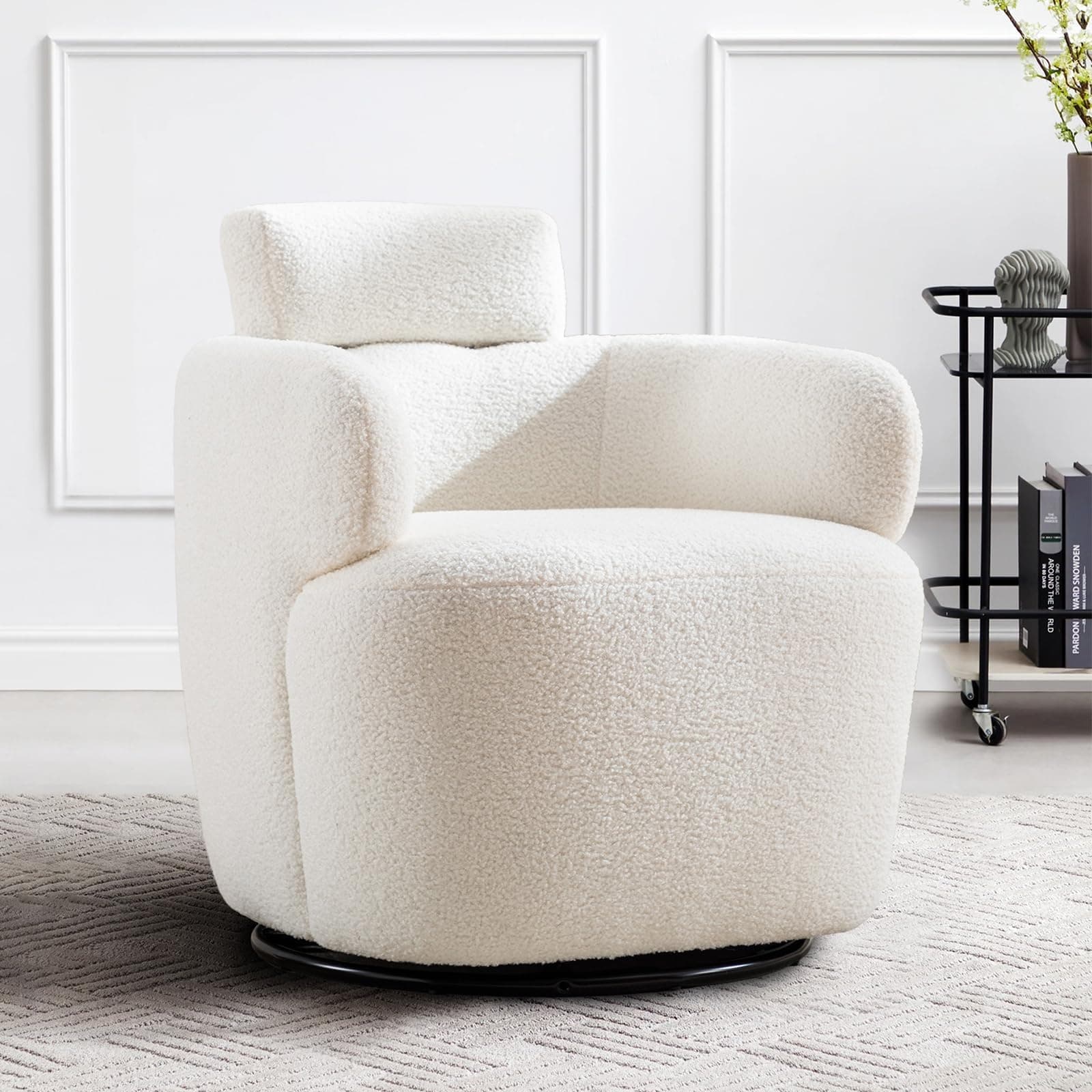 360° Swivel Boucle Chair, Tufted Ivory Headrest Living Room Chair