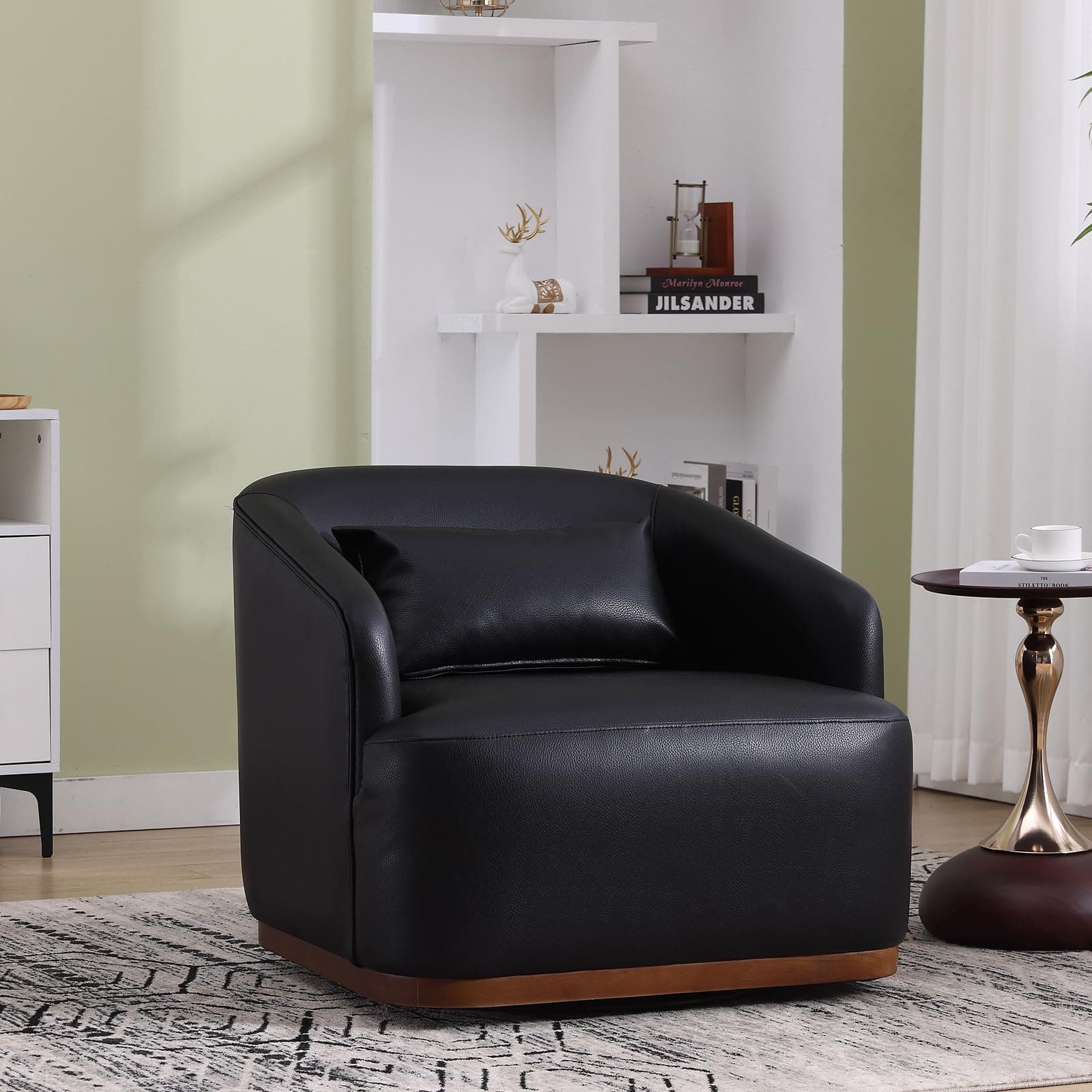 Mid Century Modern Black PU Leather Swivel Chair for Living Room, Office