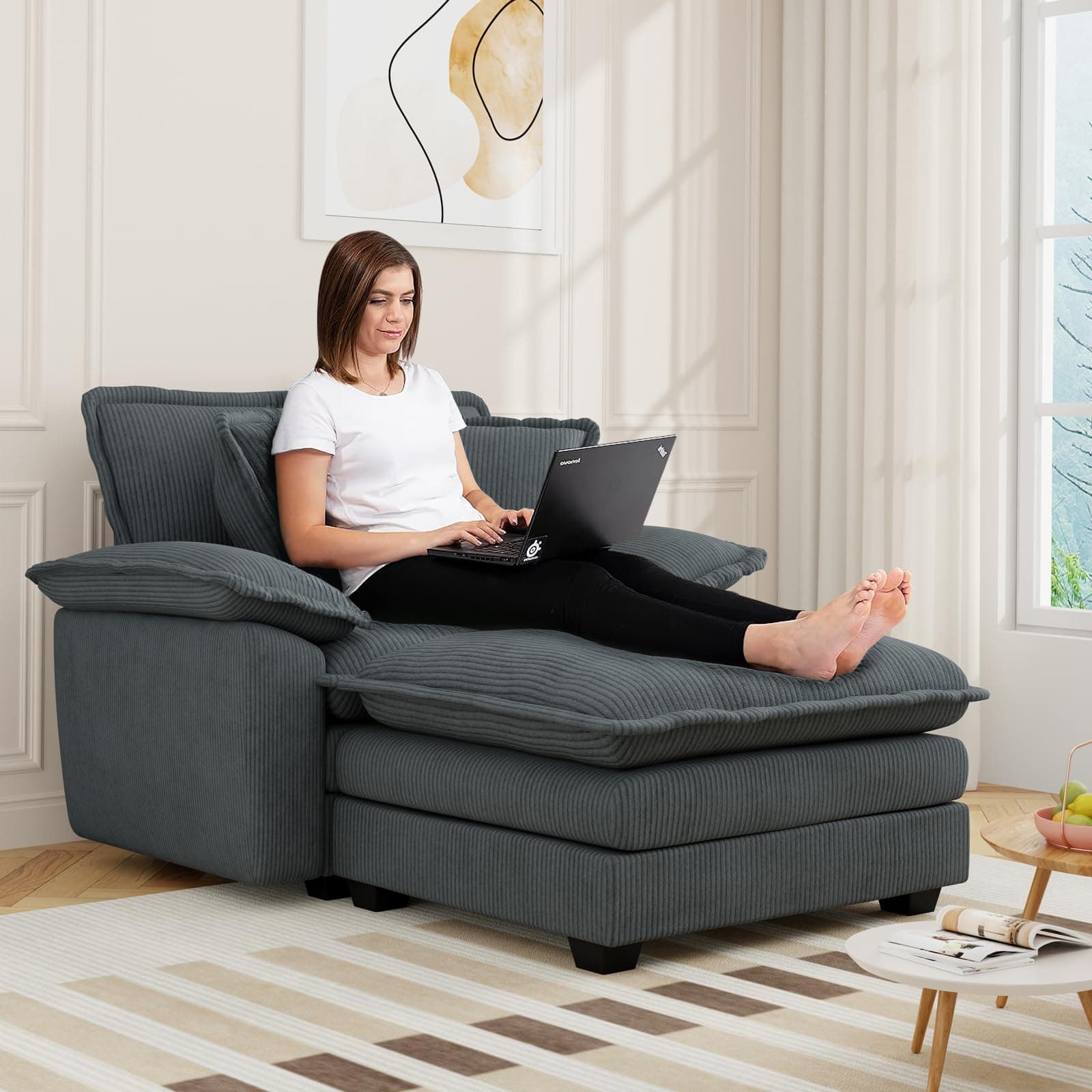 Comfy Grey Corduroy Chaise Lounge Chair with Ottoman
