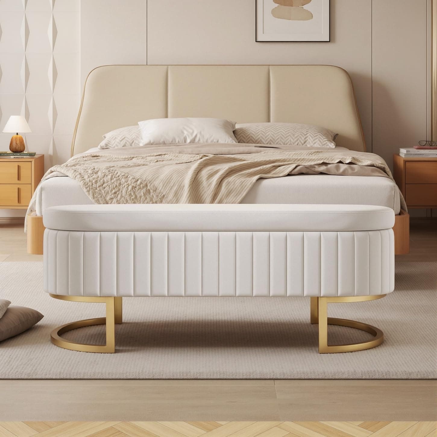 50" Velvet Ottoman Bench, Gold Legs, 300lb Seat, Ivory End Table Bench