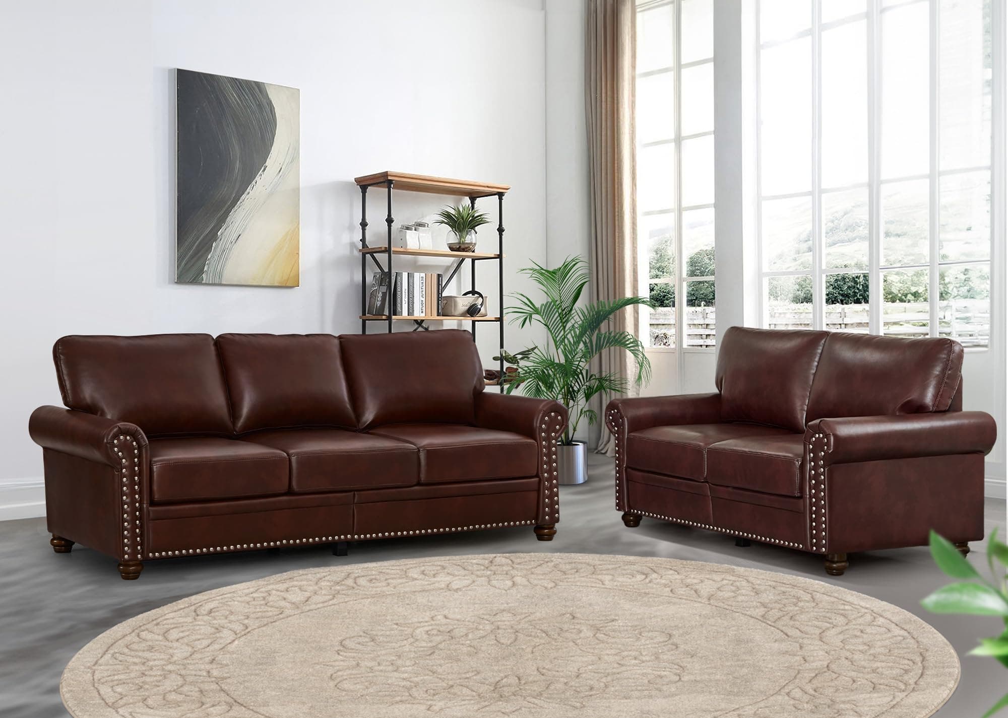 Modern faux leather sofa set with storage, deep seat - Burgundy