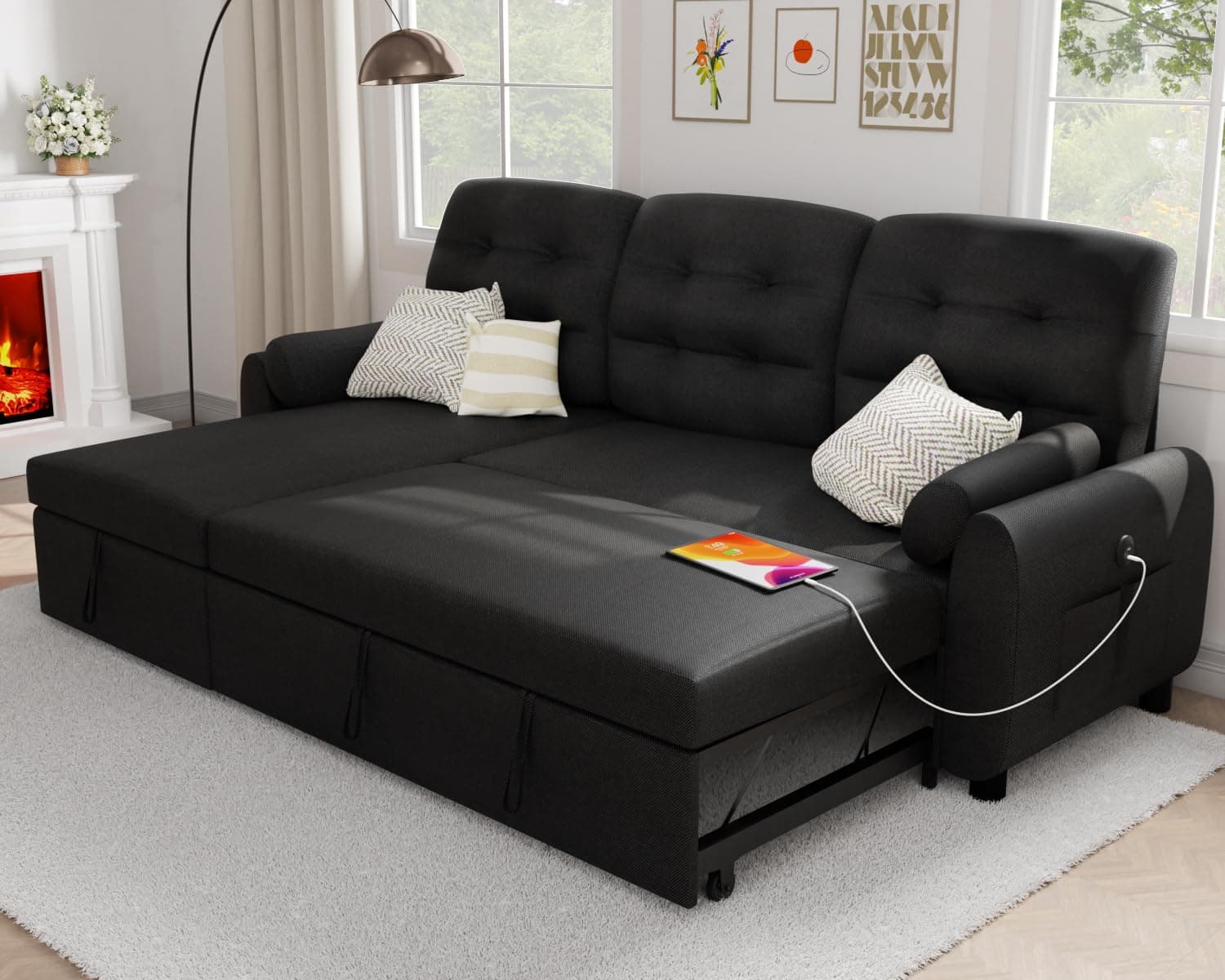 Ucloveria 87" Sleeper Sectional with Reversible Chaise & Storage, Black Linen Couch