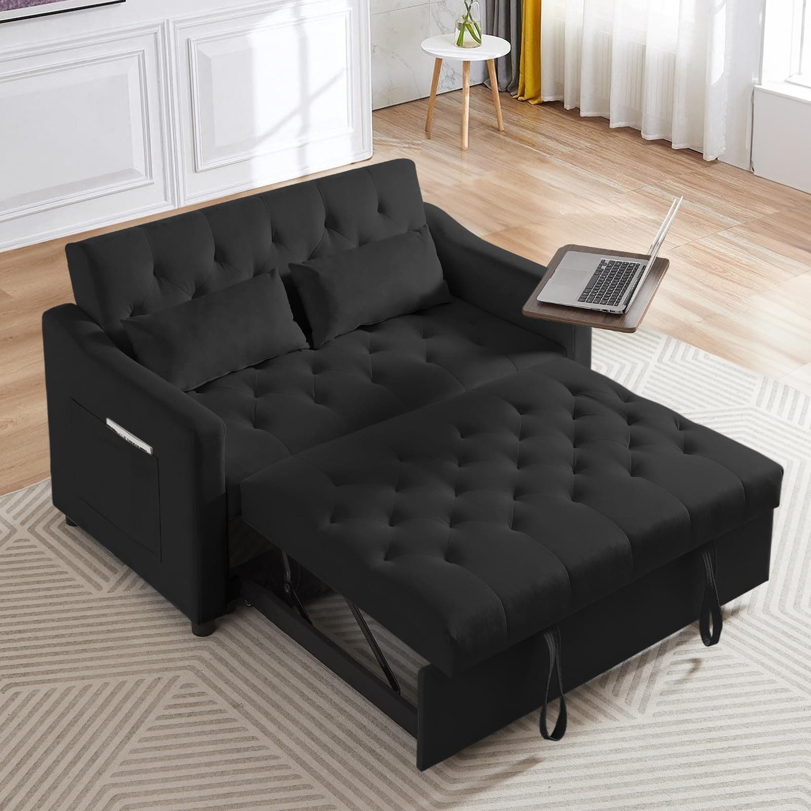 Convertible Sleeper Sofa Couch with Pull Out Bed, Velvet Futon Loveseat with Table & Reclining Back