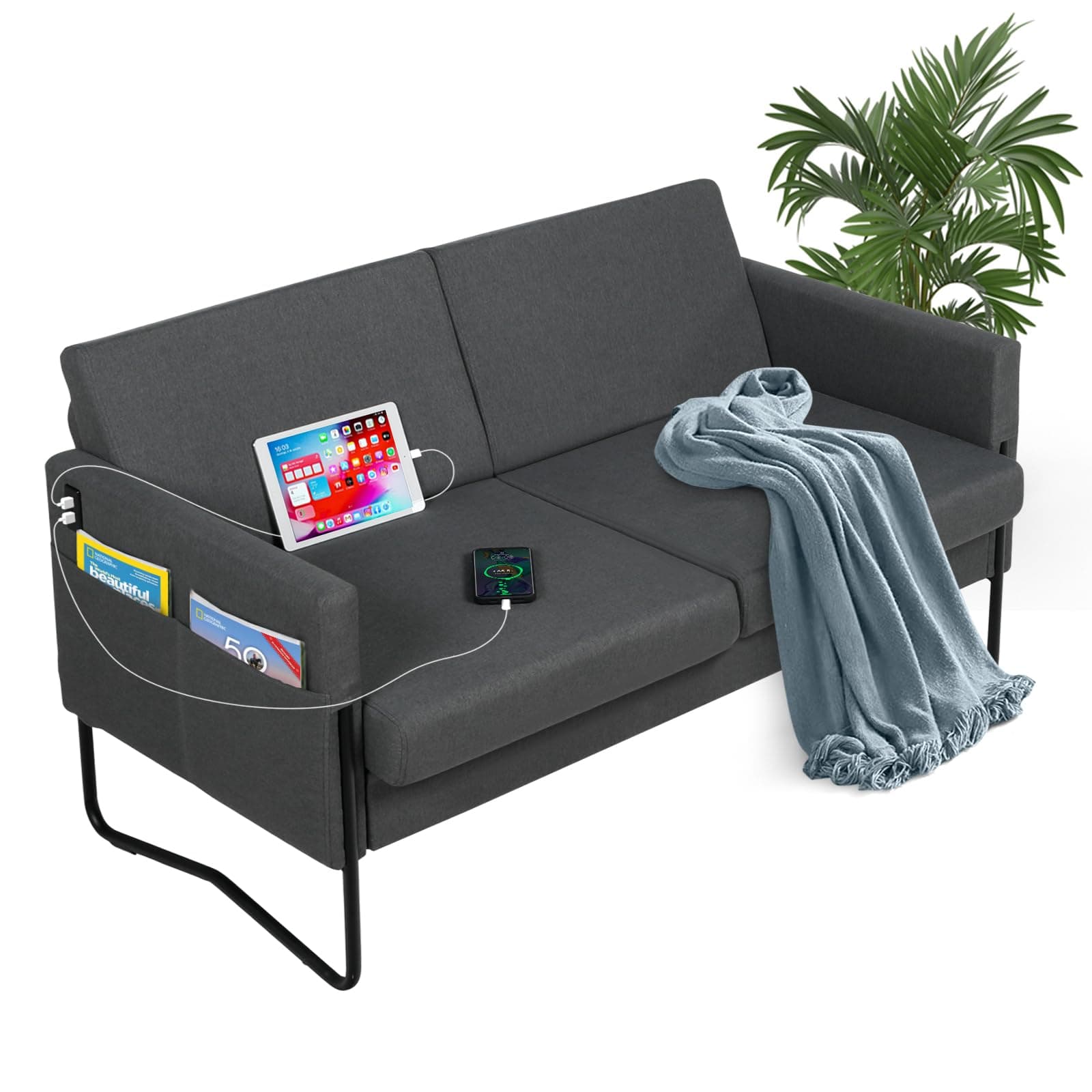 51 Small Sofa Couch with USB Ports, Modern Grey Loveseat for Small Spaces