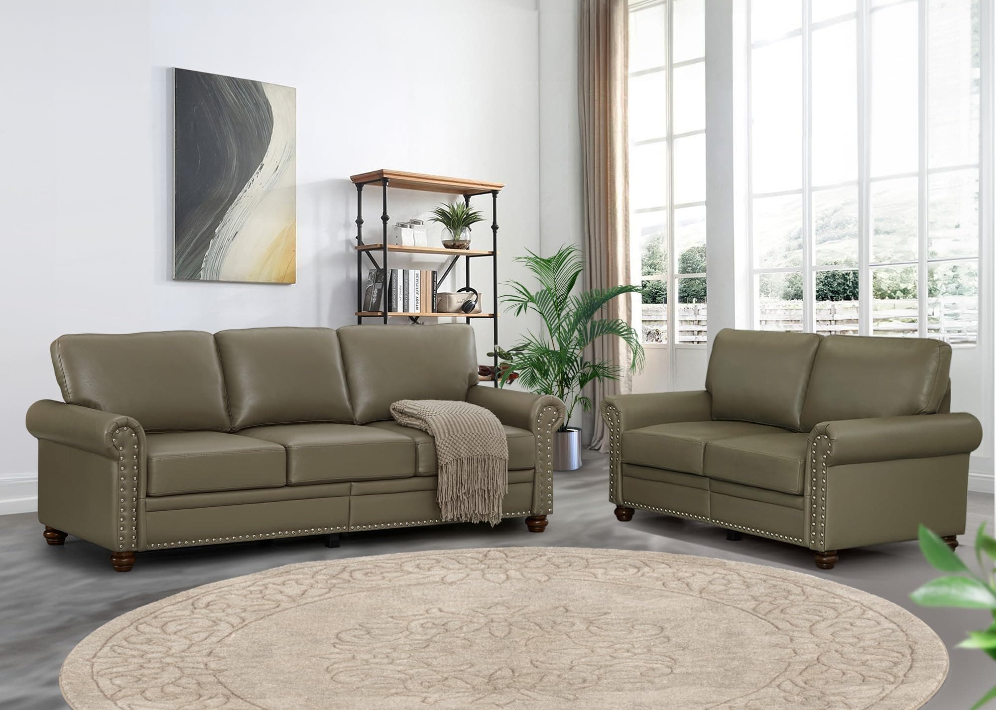 Faux Leather Sofa Set with Storage, Modern Loveseat with Rivet Rolled Arm, Oversize 3 Seater Couch for Living Room Bedroom Office