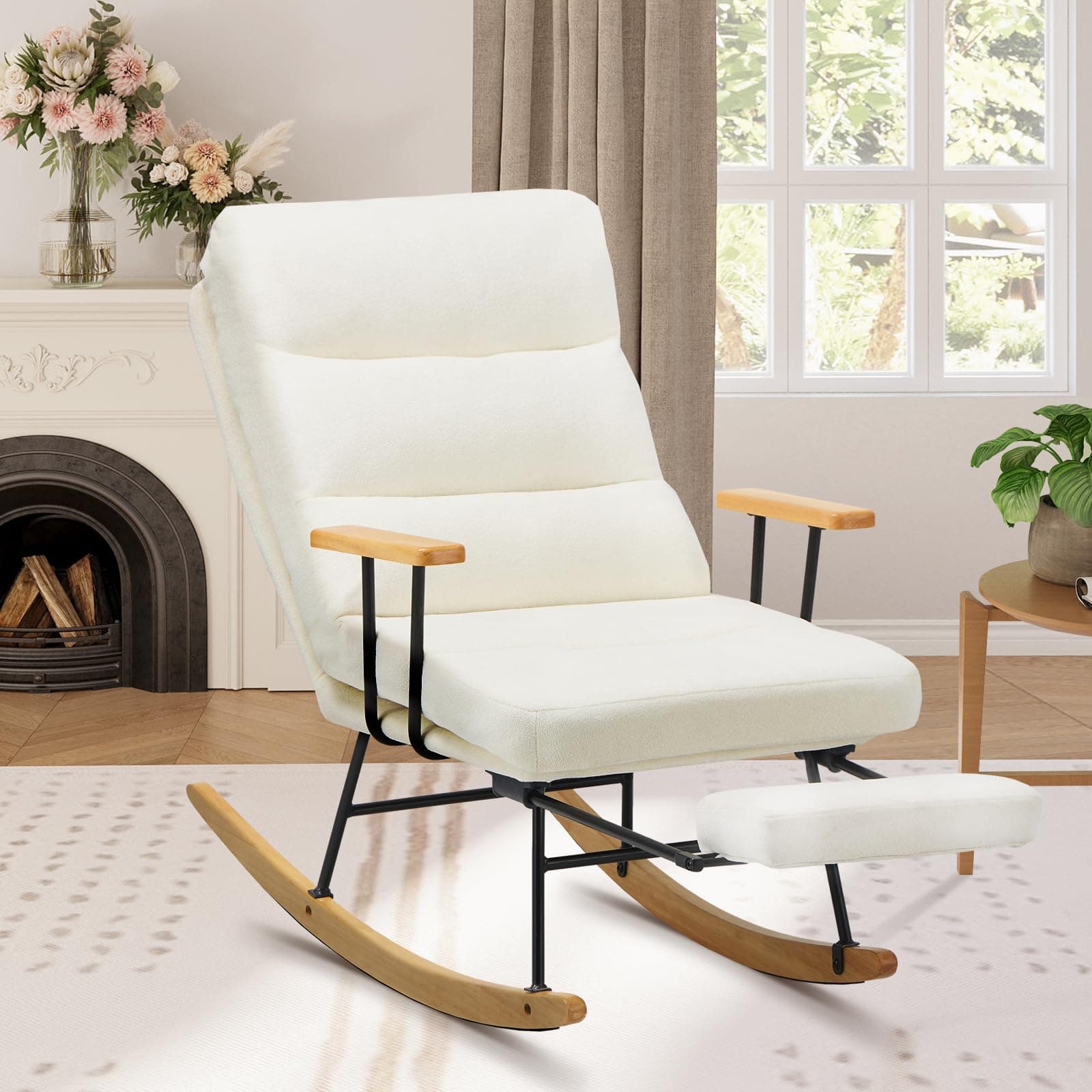 Retractable Footrest Rocking Chair, Teddy Upholstered, Beige, Modern Living Room Chair