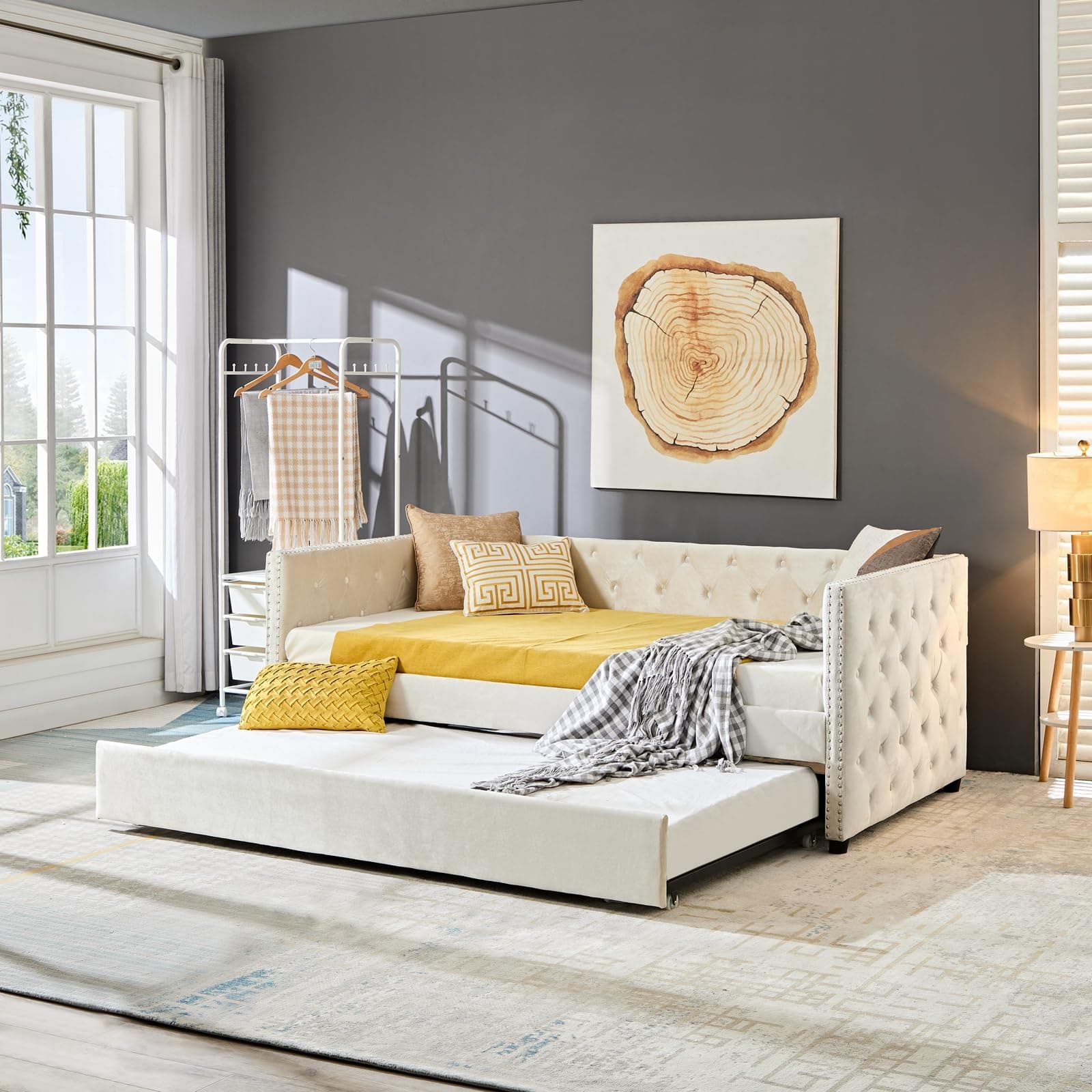 Modern Velvet Twin Daybed with Trundle, Button-Tufted Sofa Frame, Furniture for Bedroom, Living Room, Guestroom